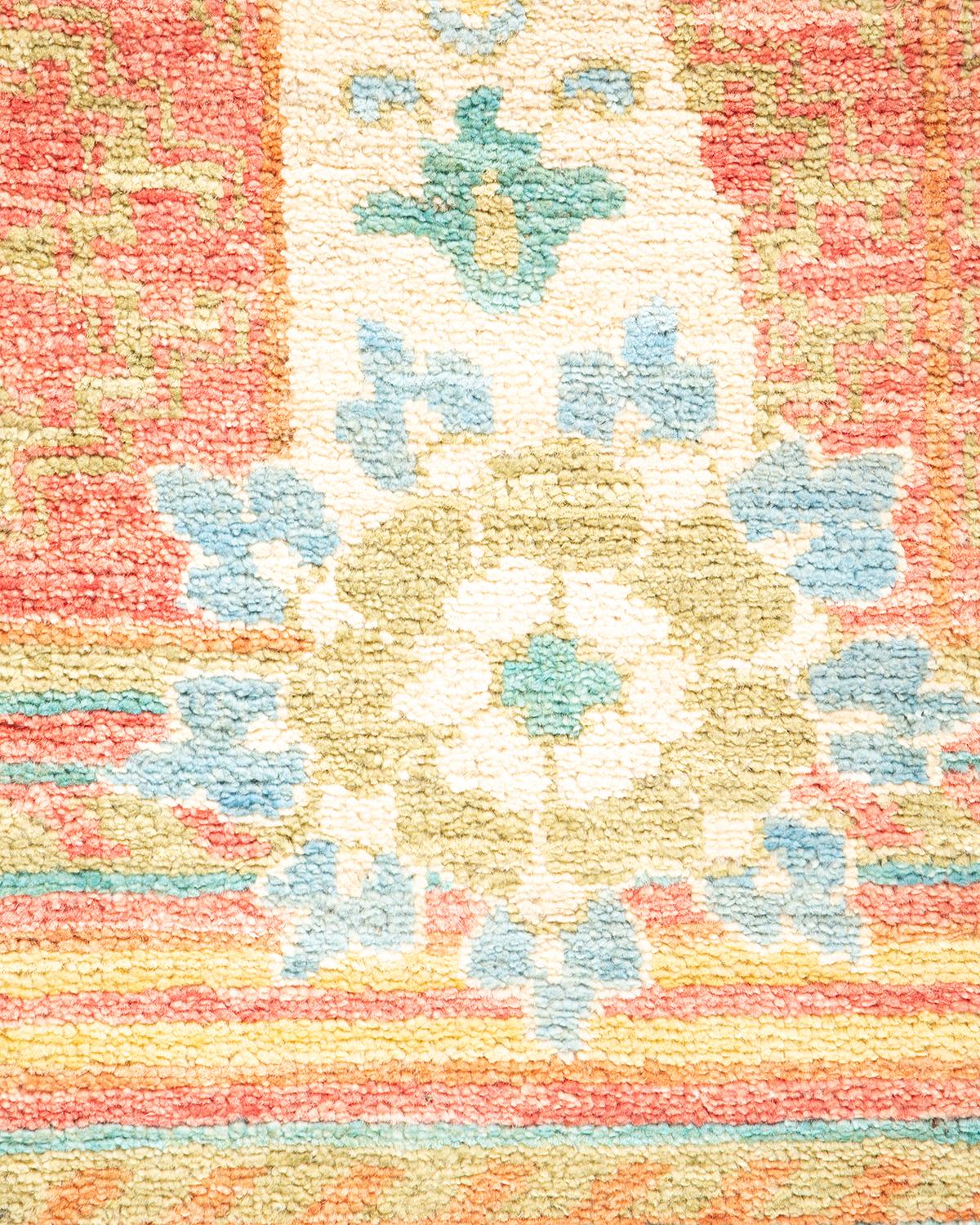 Pakistani One-Of-A-Kind Hand Knotted Floral Eclectic Green Area Rug For Sale