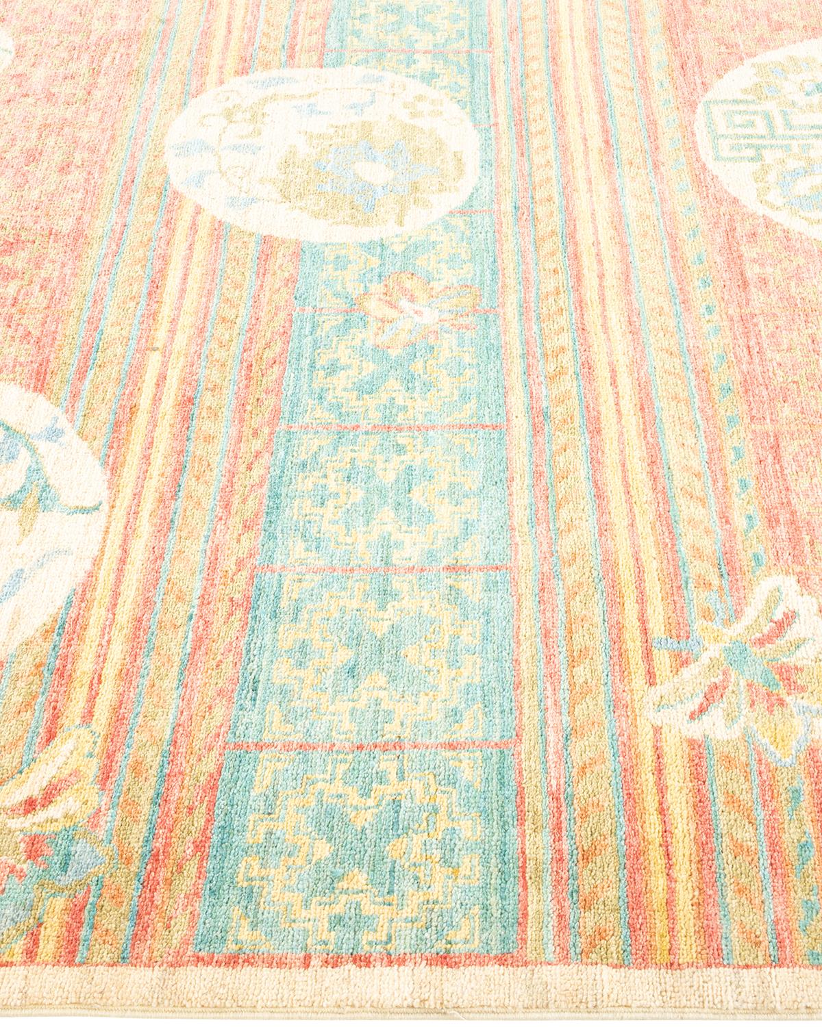 One-Of-A-Kind Hand Knotted Floral Eclectic Green Area Rug In New Condition For Sale In Norwalk, CT