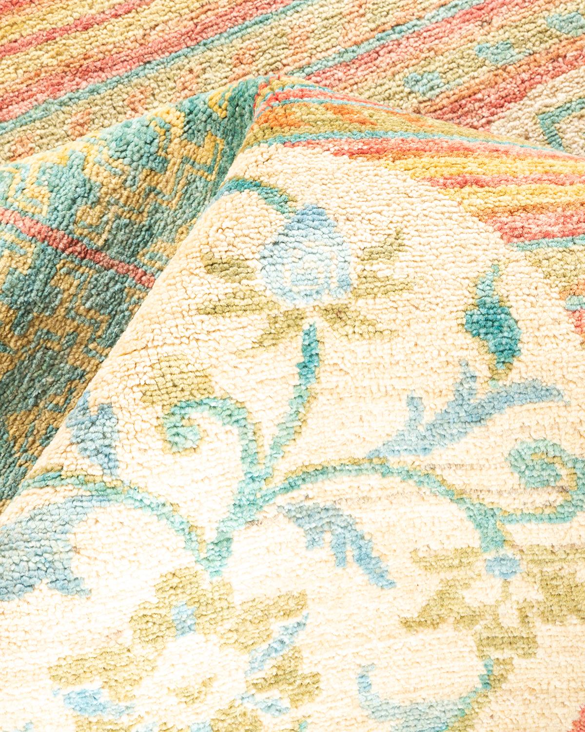 One-Of-A-Kind Hand Knotted Floral Eclectic Green Area Rug For Sale 1