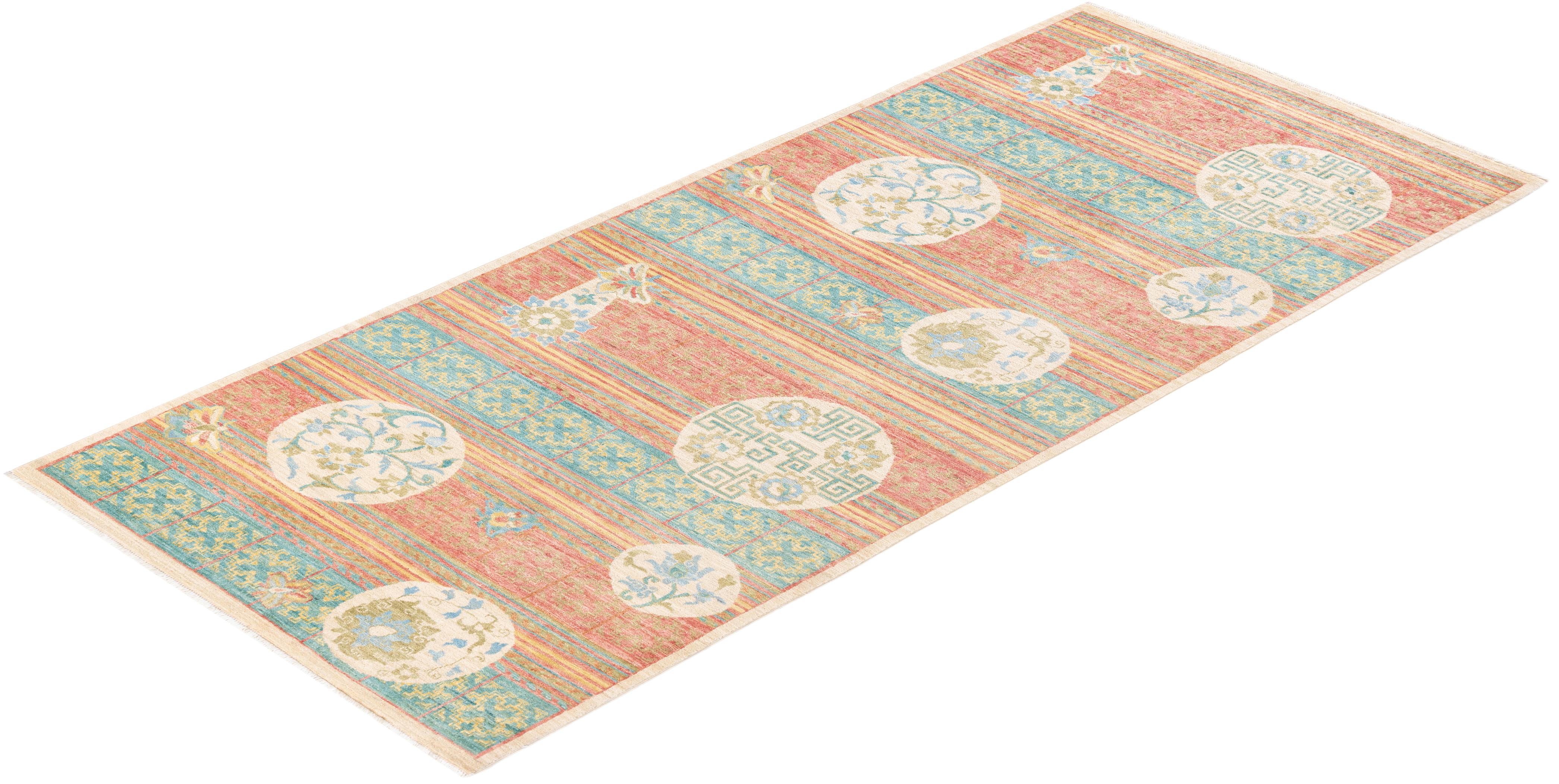 One-Of-A-Kind Hand Knotted Floral Eclectic Green Area Rug For Sale 2