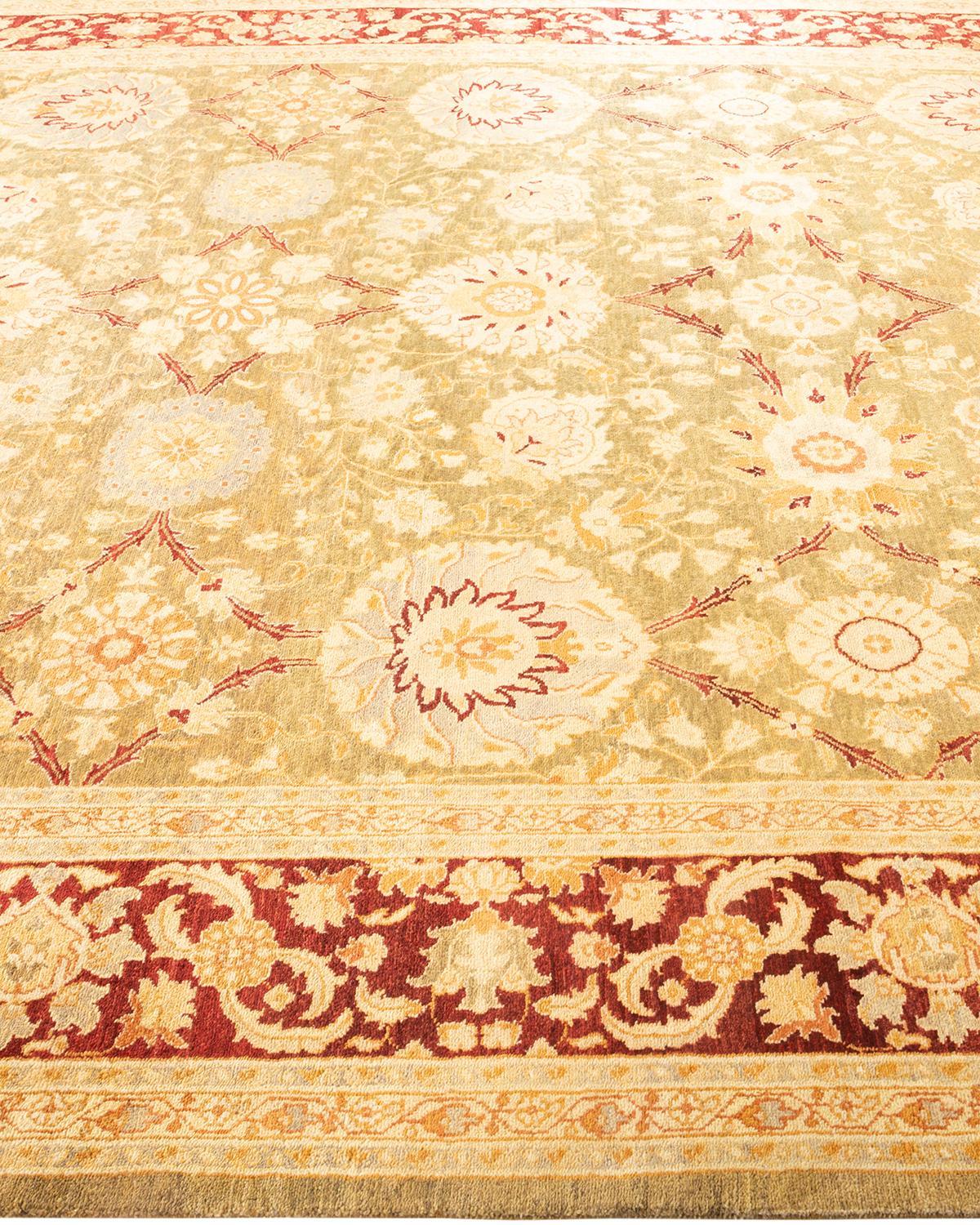 One-of-a-kind Hand Knotted Floral Eclectic Green Area Rug In New Condition For Sale In Norwalk, CT