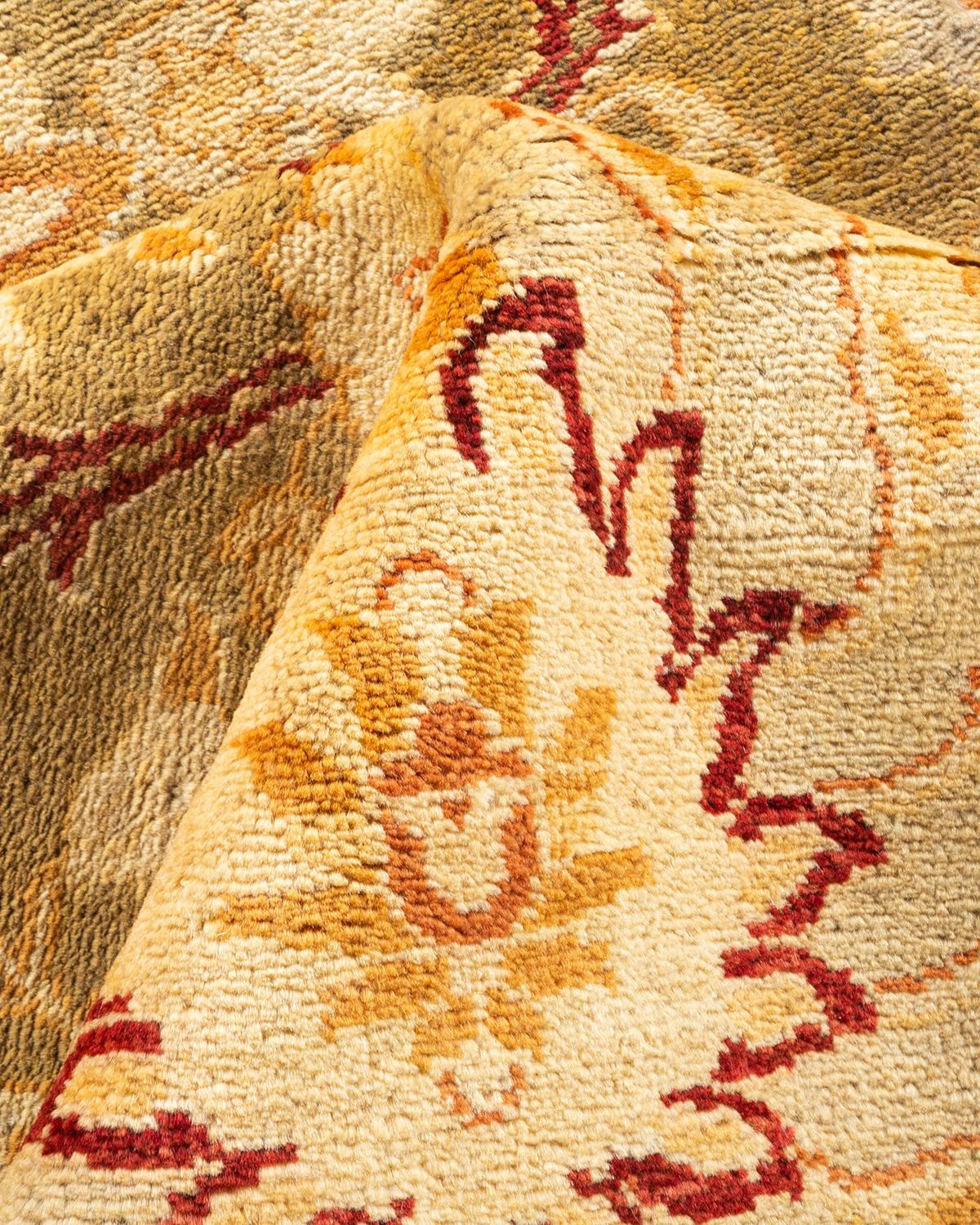 One-of-a-kind Hand Knotted Floral Eclectic Green Area Rug For Sale 1