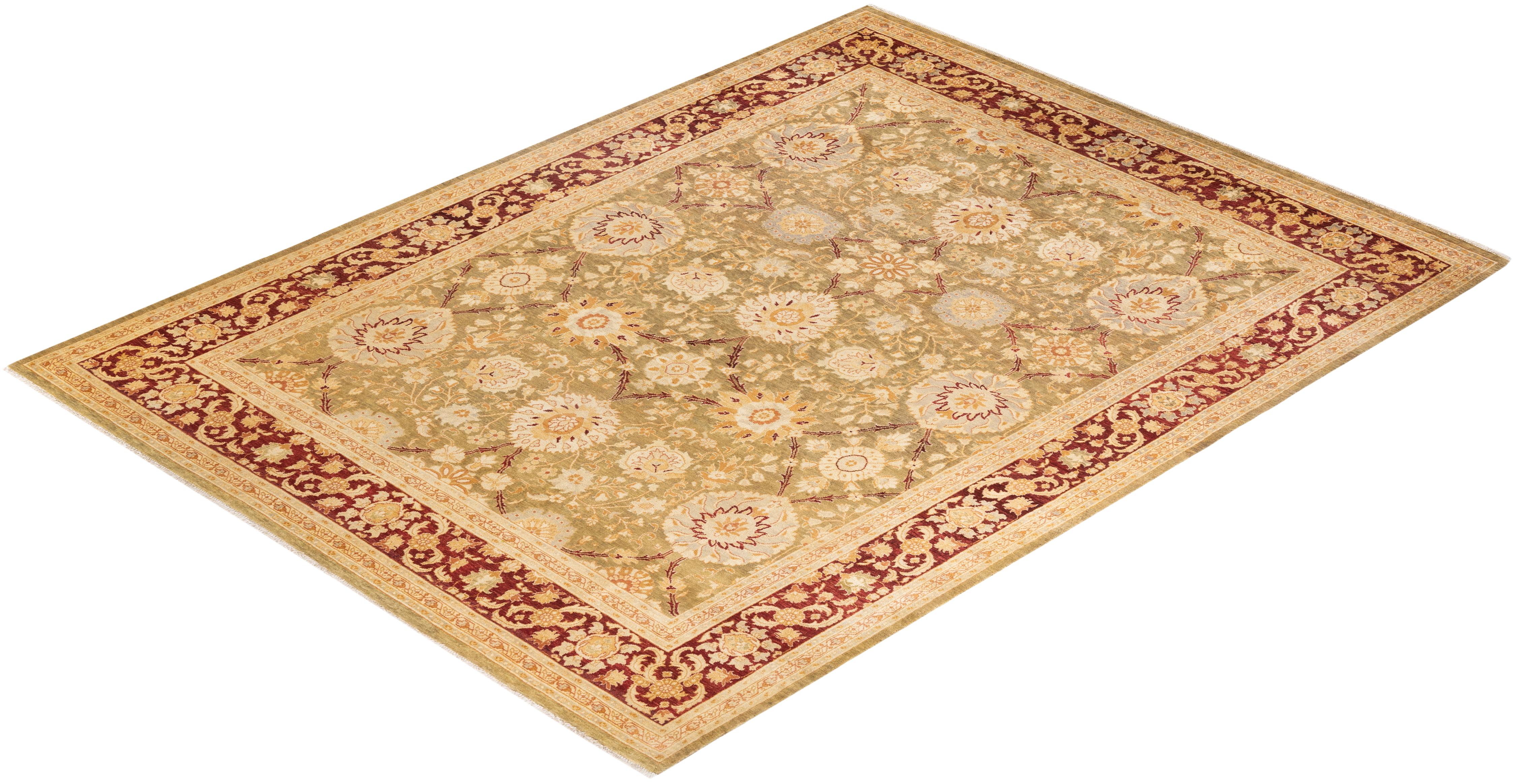 One-of-a-kind Hand Knotted Floral Eclectic Green Area Rug For Sale 2