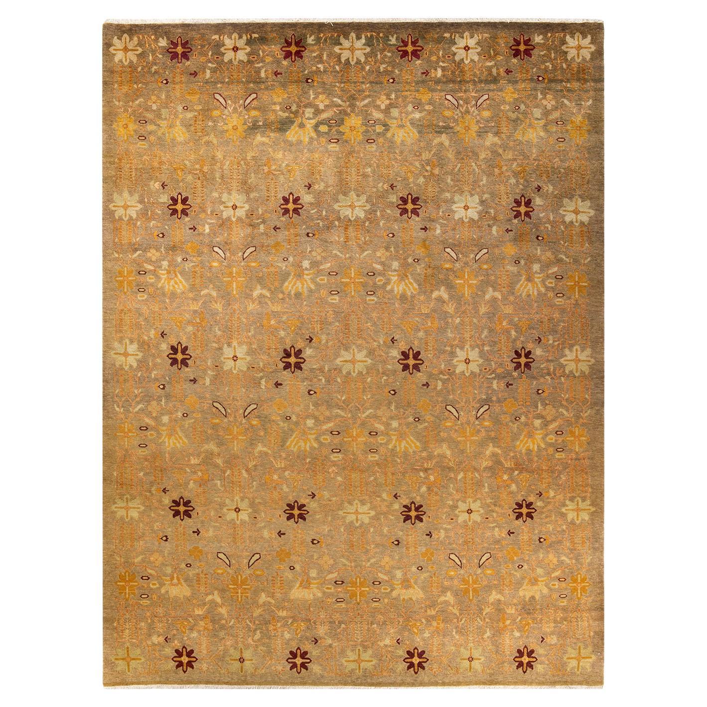 One-of-a-kind Hand Knotted Floral Eclectic Green Area Rug For Sale