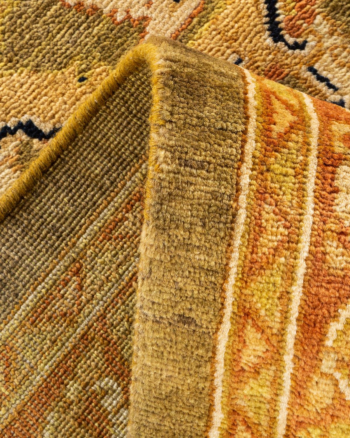 Laine Tapis vert éclectique noué à la main, unique en son genre, à motifs floraux 9' 1