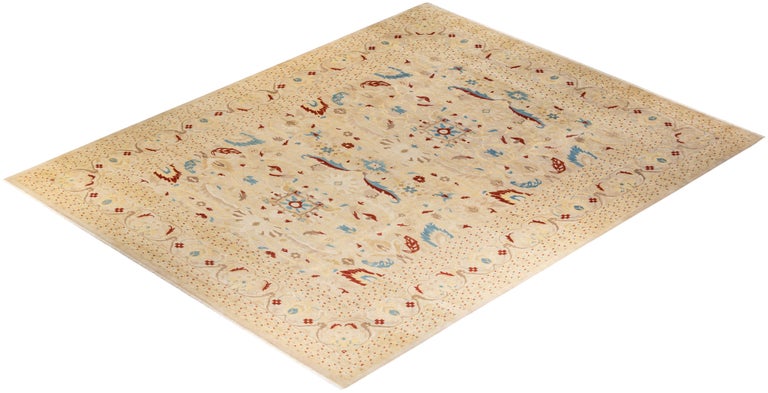 One-of-a-kind Hand Knotted Floral Eclectic Ivory Area Rug For Sale 2