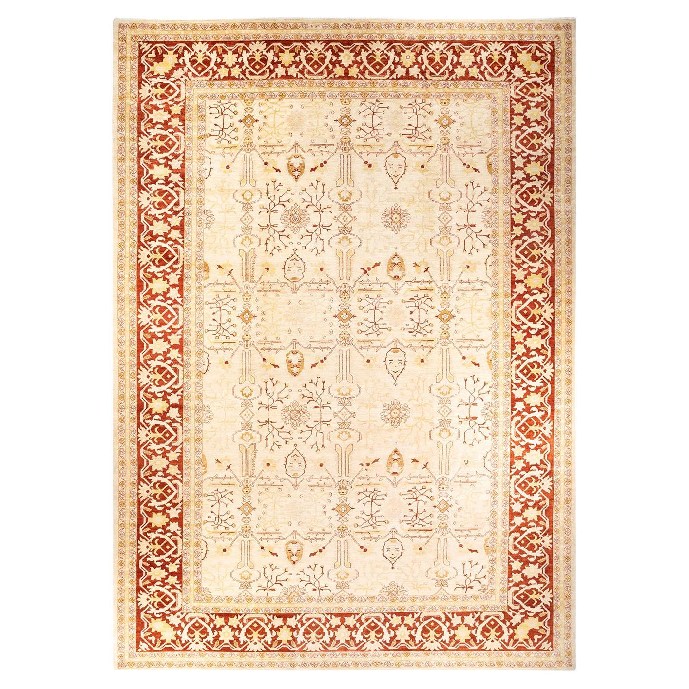 One-of-a-kind Hand Knotted Floral Eclectic Ivory Area Rug For Sale