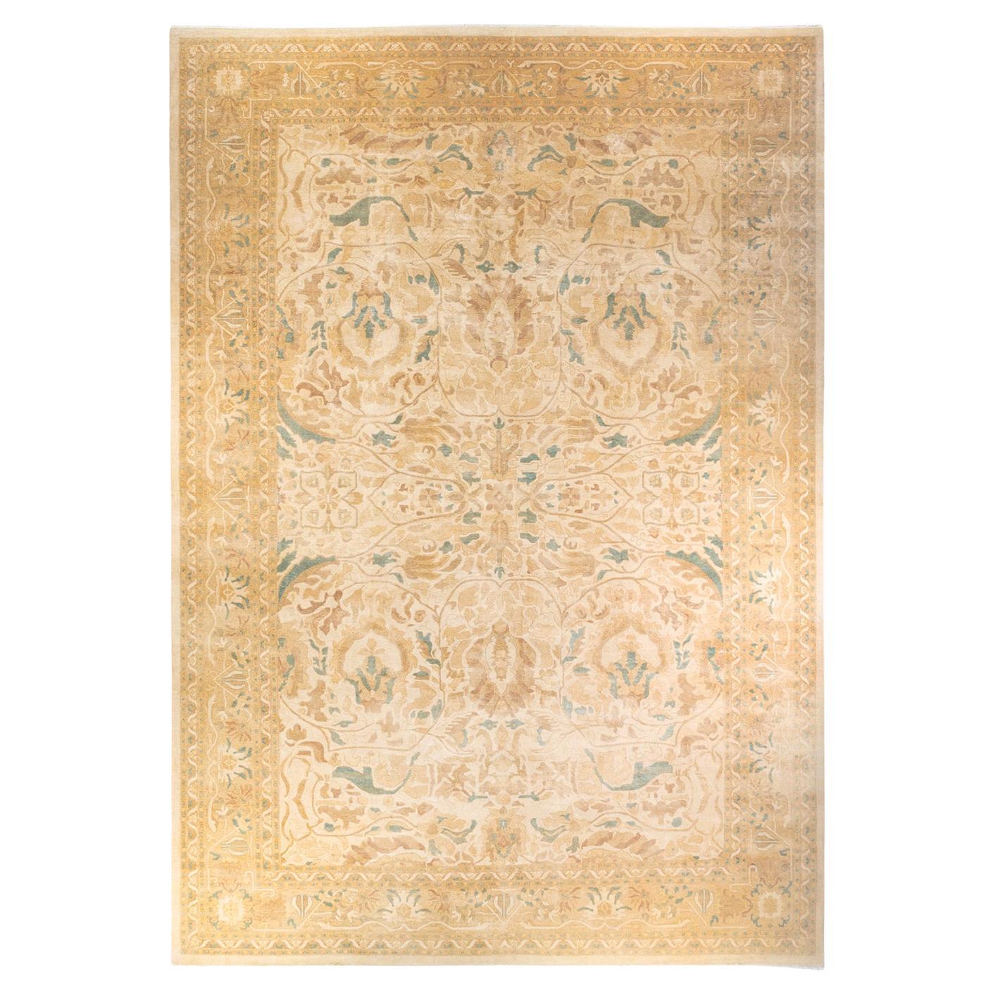 One-Of-A-Kind Hand Knotted Floral Eclectic Ivory Area Rug For Sale