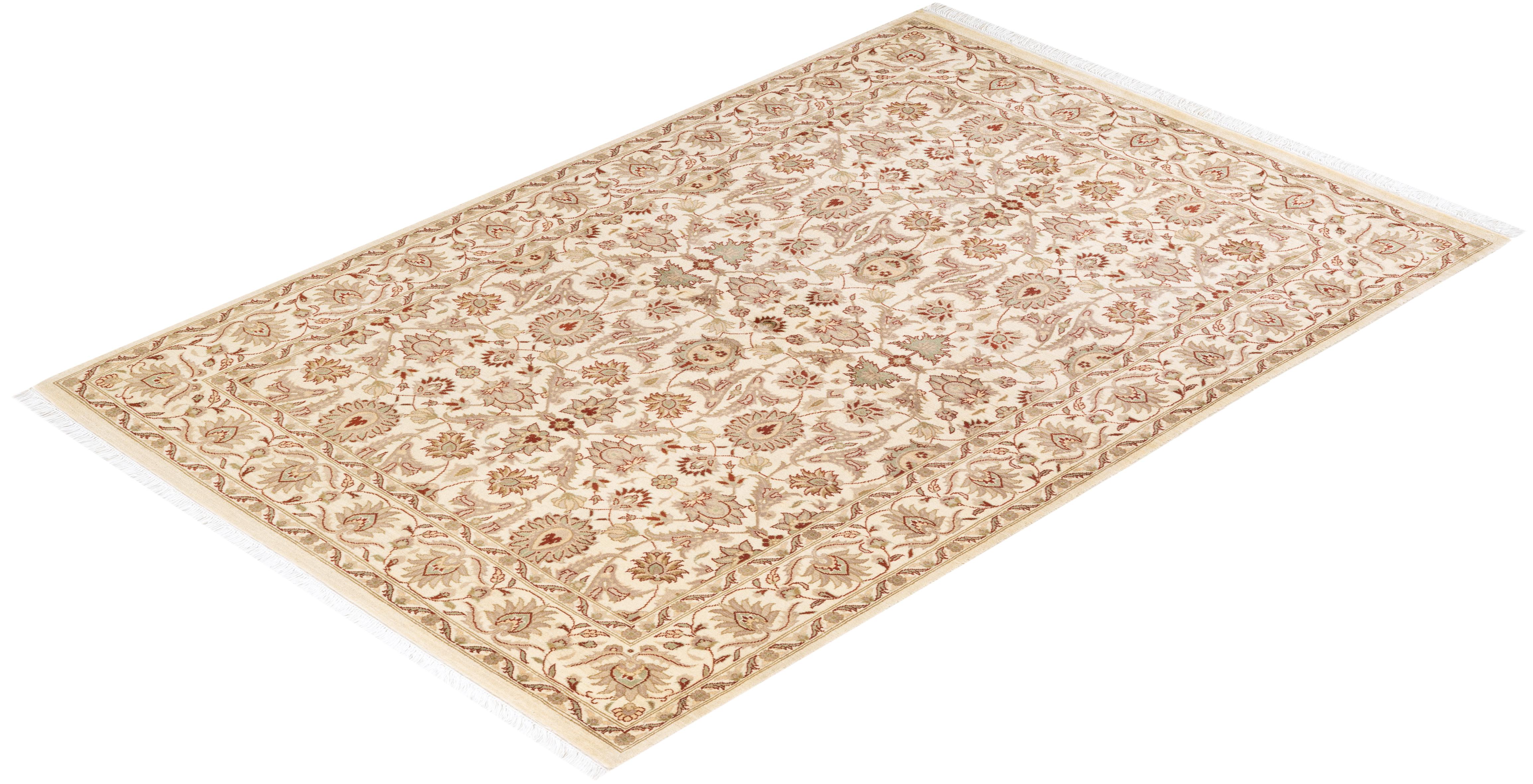 Alfombra única anudada a mano Floral Ecléctica Marfil en venta 2