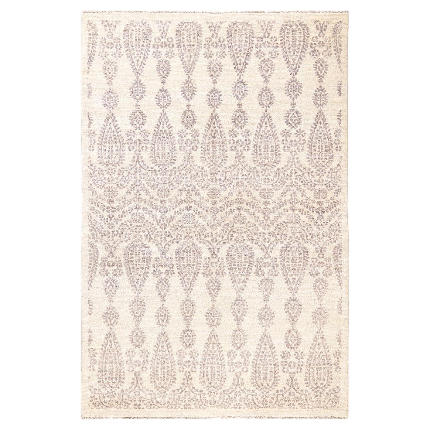 One-of-a-Kind Hand Knotted Floral Eclectic Ivory Area Rug For Sale