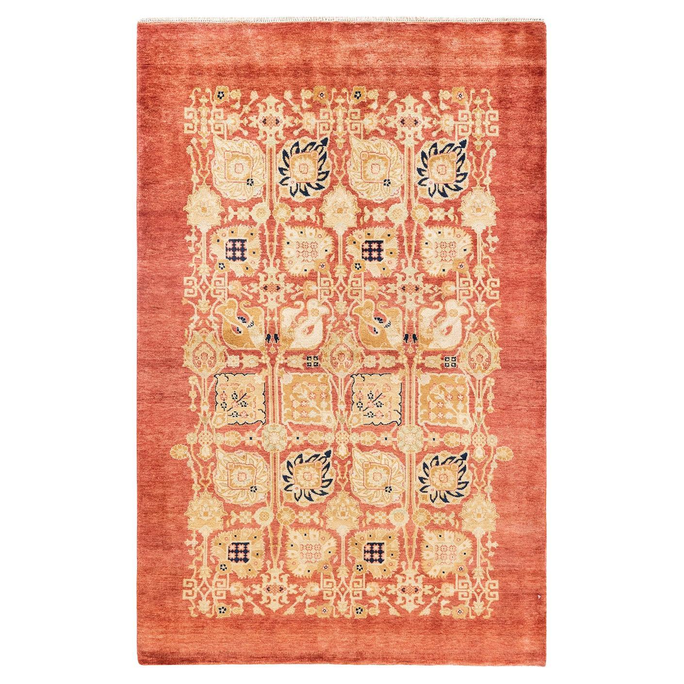 One-Of-A-Kind Hand Knotted Floral Eclectic Ivory Area Rug 4' 3" x 6' 7" For Sale