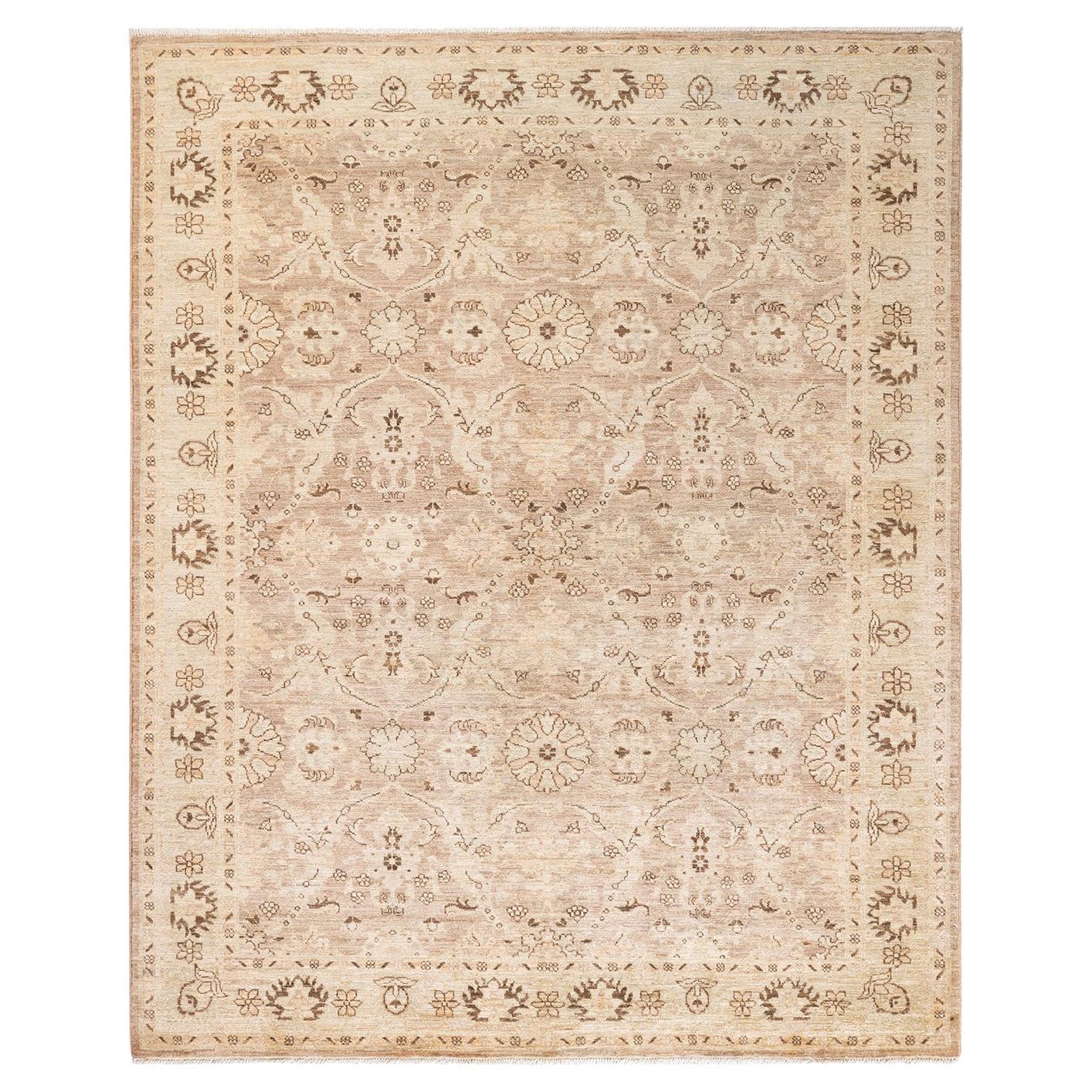 One-Of-A-Kind Hand Knotted Floral Eclectic Ivory Area Rug 5' 2" x 6' 3" For Sale