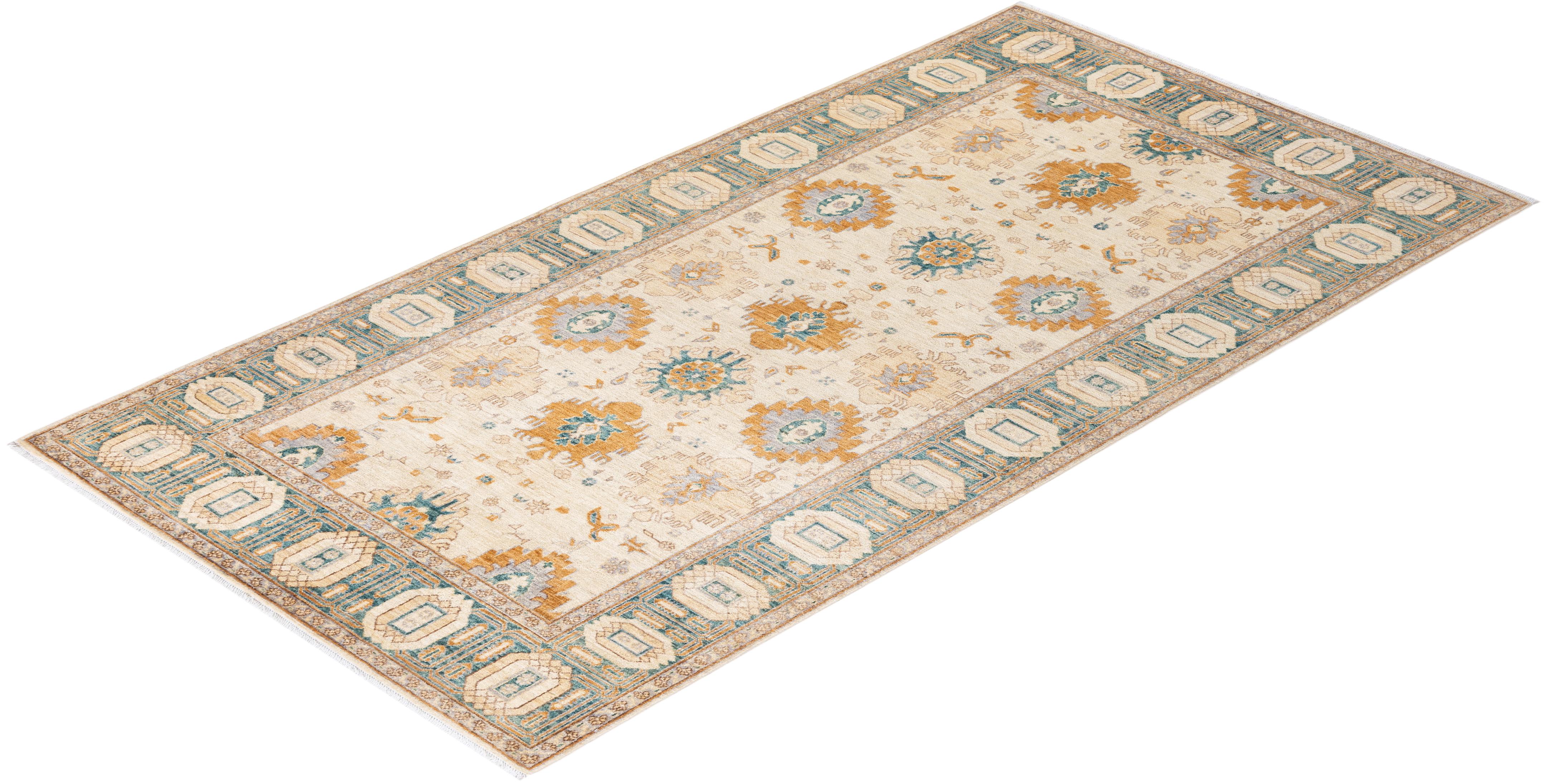 One-of-a-Kind Hand Knotted Floral Eclectic Ivory Area Rug For Sale 2
