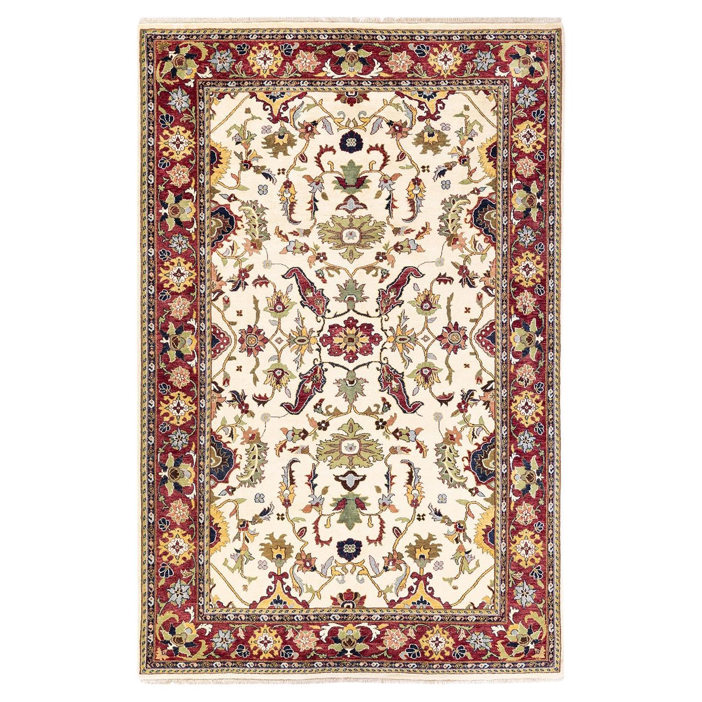 One-Of-A-Kind Hand Knotted Floral Eclectic Ivory Area Rug For Sale
