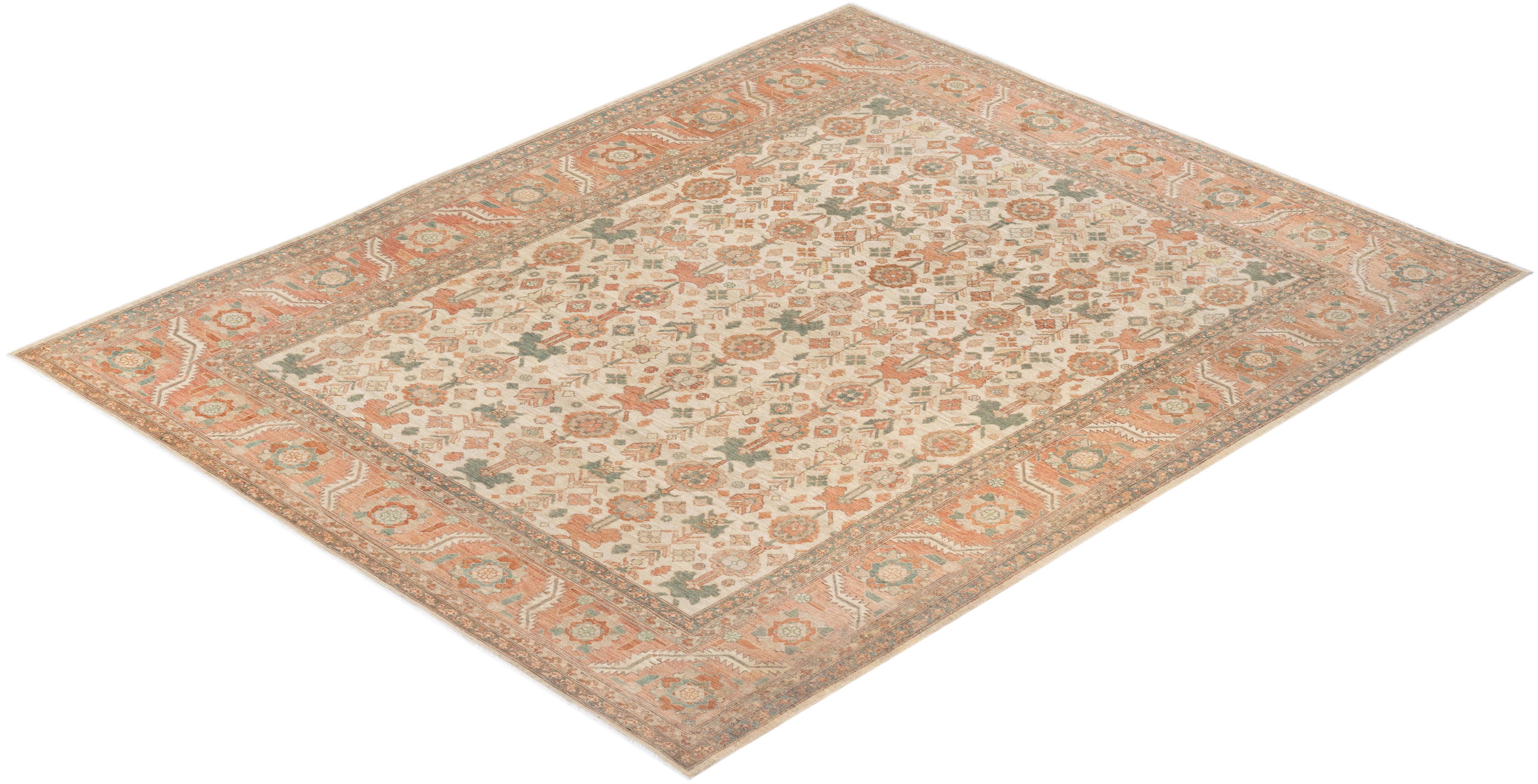 Alfombra única anudada a mano Floral Ecléctica Marfil en venta 2