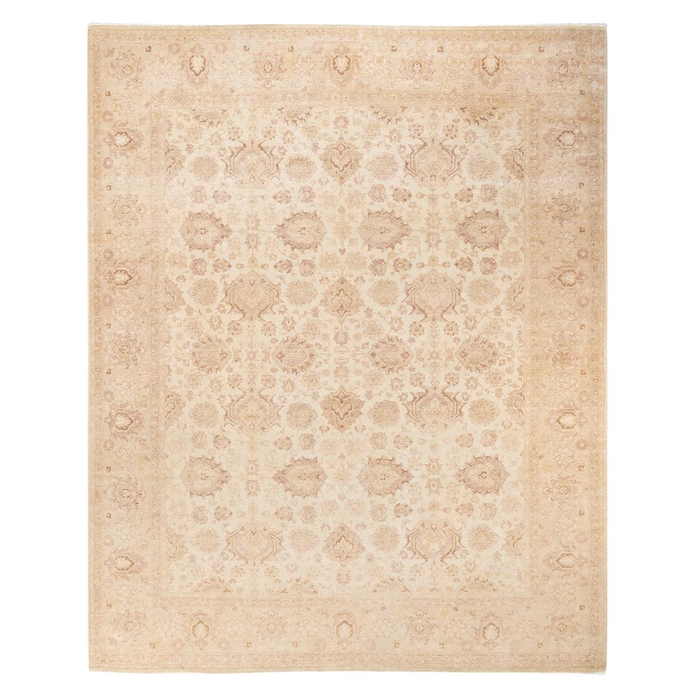 One-Of-A-Kind Hand Knotted Floral Eclectic Ivory Area Rug 7' 10" x 9' 10" For Sale