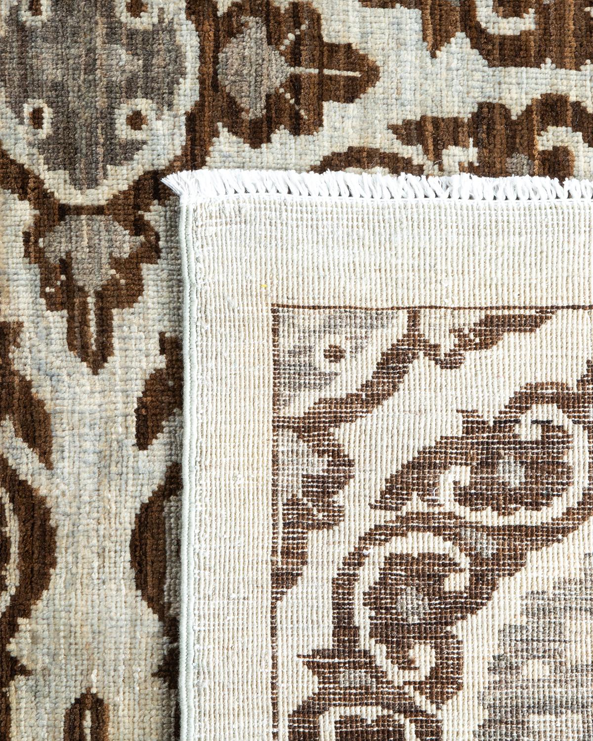 Contemporary One-of-a-Kind Hand Knotted Floral Eclectic Ivory Area Rug For Sale