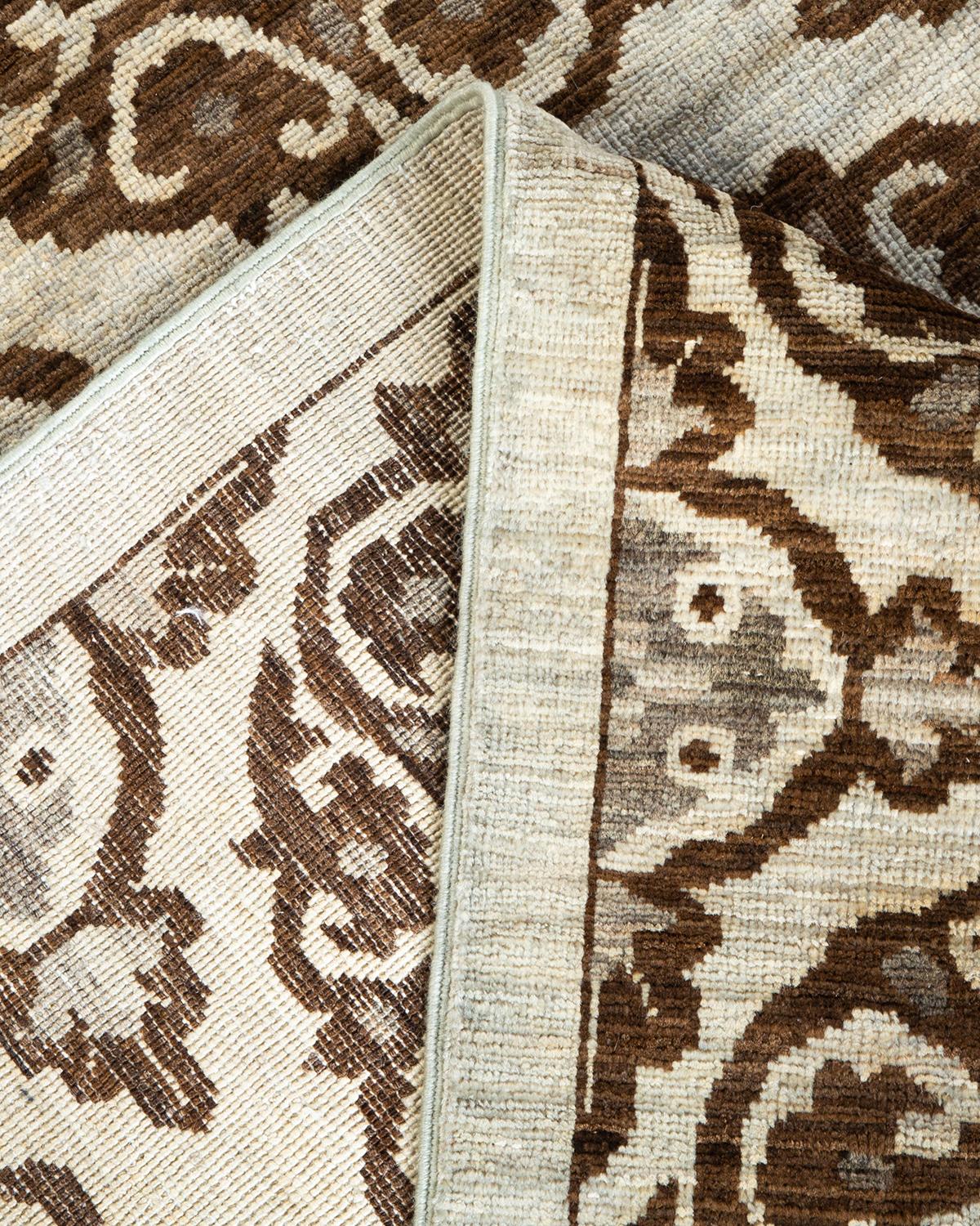 Wool One-of-a-Kind Hand Knotted Floral Eclectic Ivory Area Rug For Sale