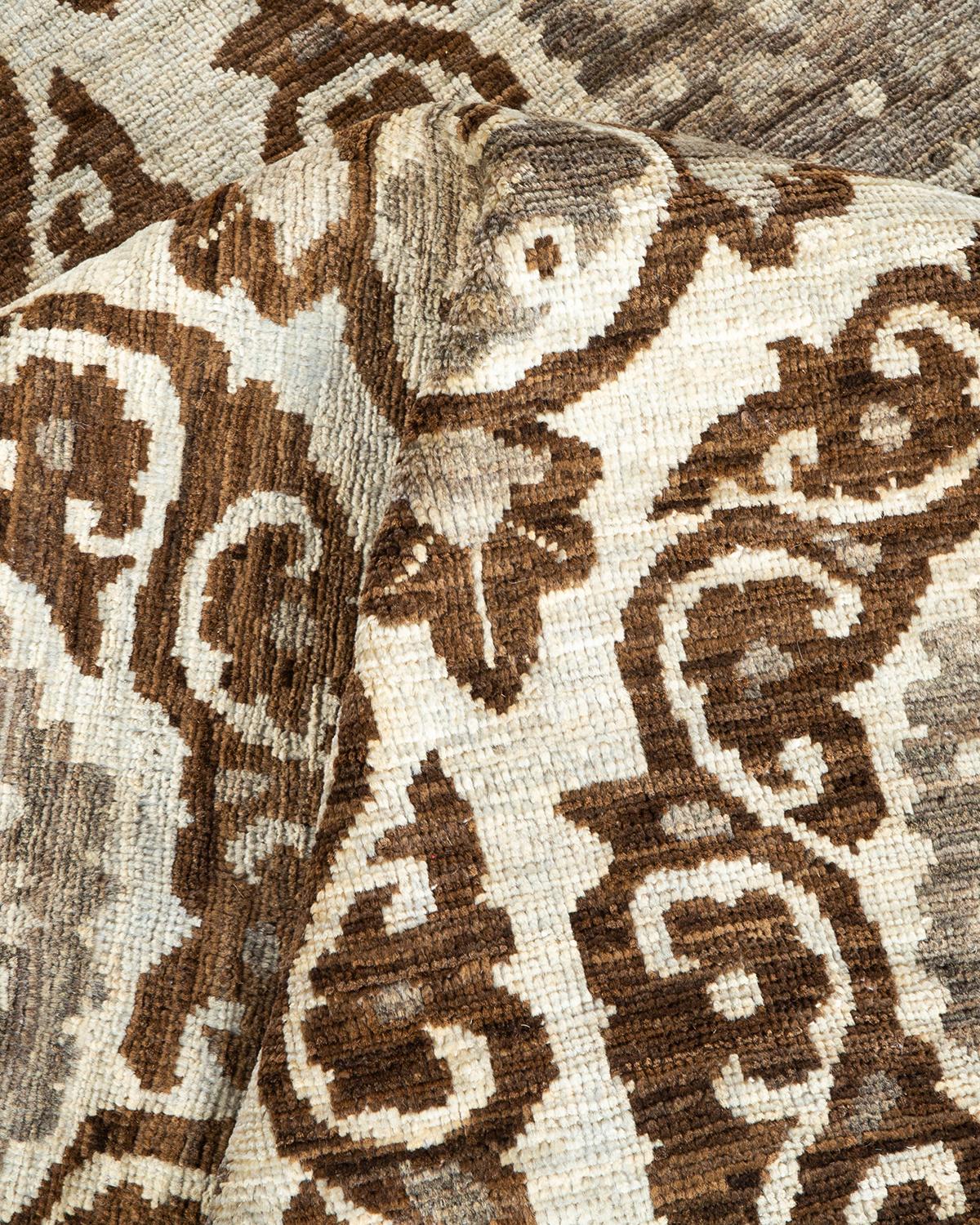 One-of-a-Kind Hand Knotted Floral Eclectic Ivory Area Rug For Sale 1