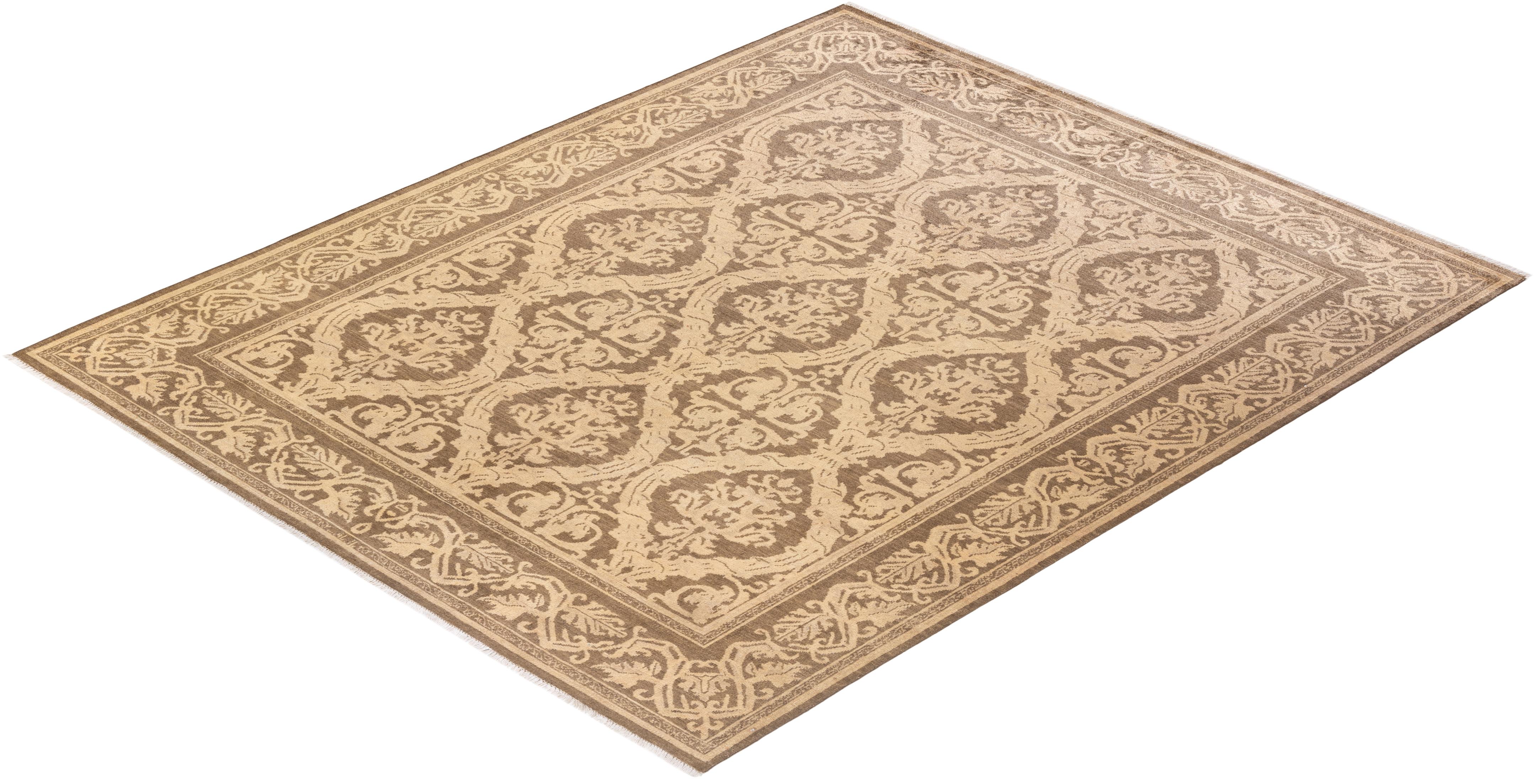 One-of-a-kind Hand Knotted Floral Eclectic Ivory Area Rug For Sale 2