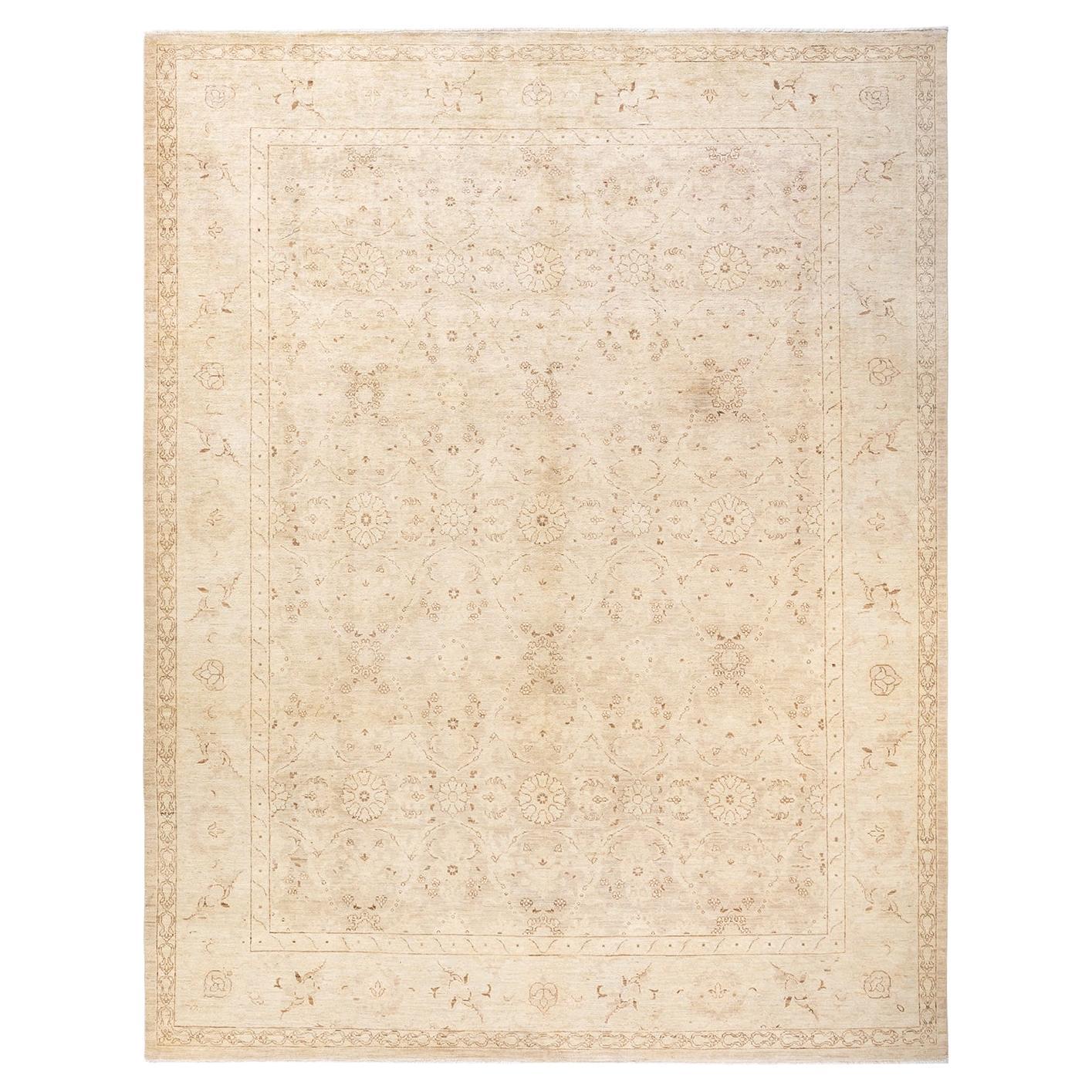 One-of-a-Kind Hand Knotted Floral Eclectic Ivory Area Rug For Sale