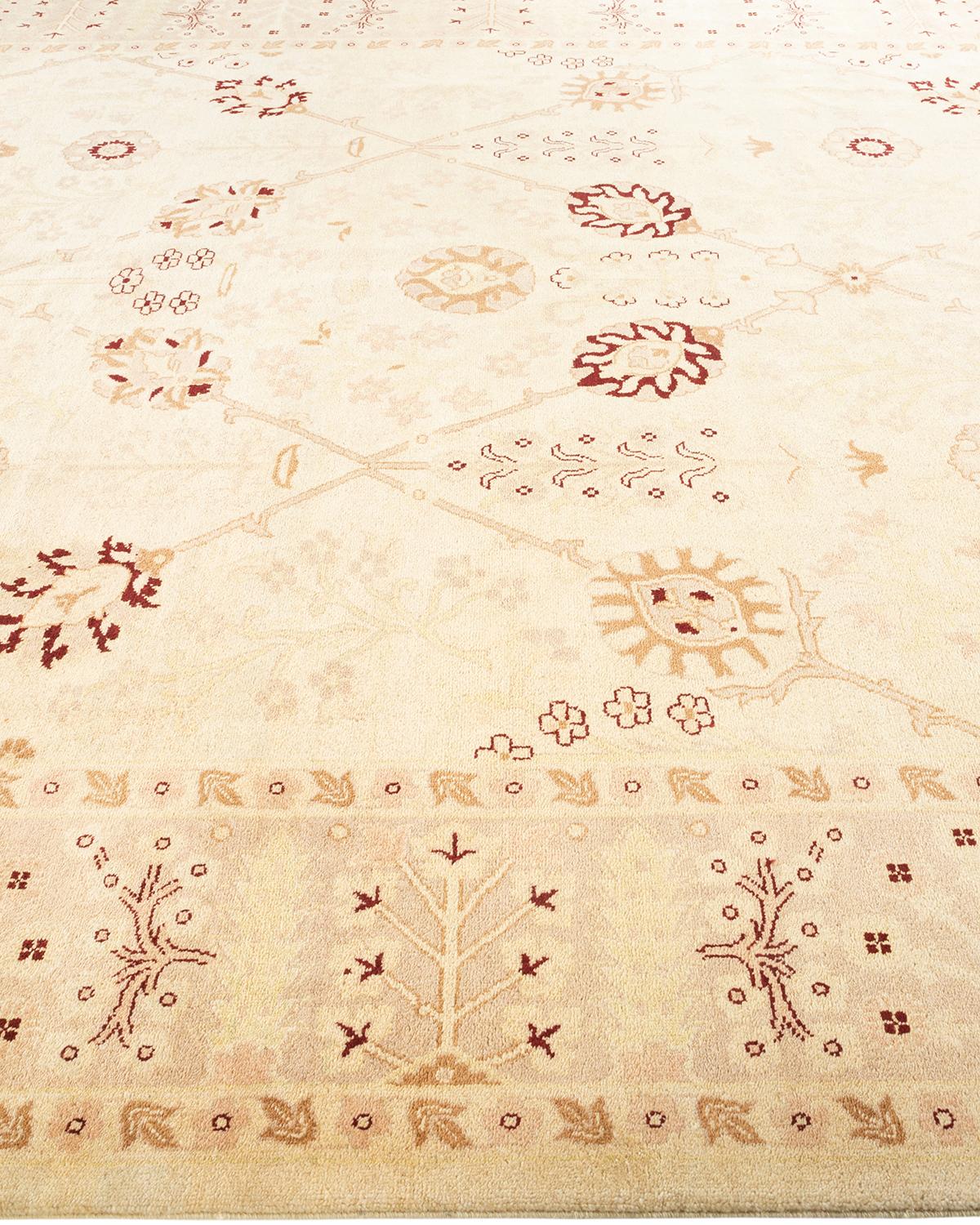 One-Of-A-Kind Hand Knotted Floral Eclectic Ivory Area Rug In New Condition For Sale In Norwalk, CT