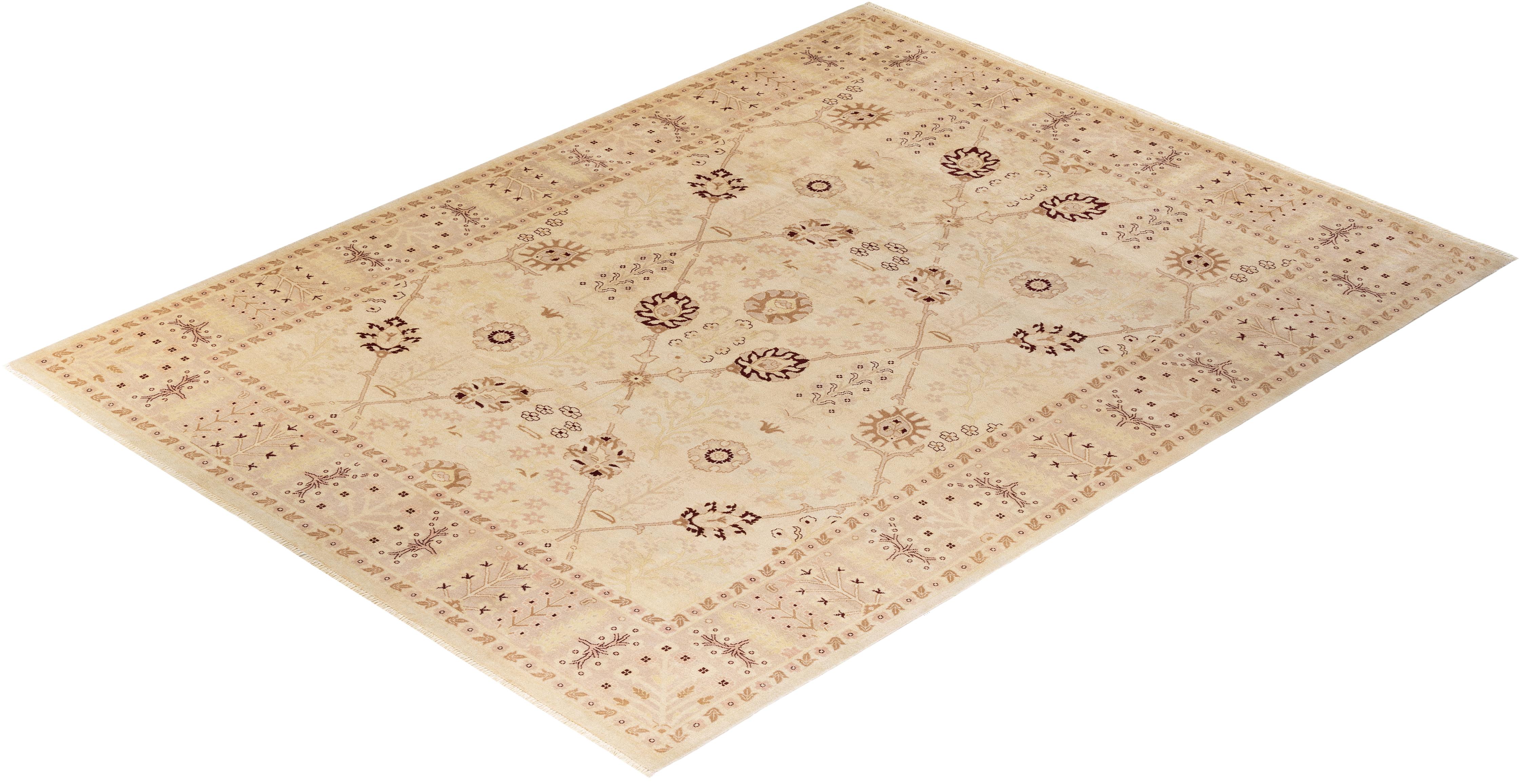 One-Of-A-Kind Hand Knotted Floral Eclectic Ivory Area Rug For Sale 2