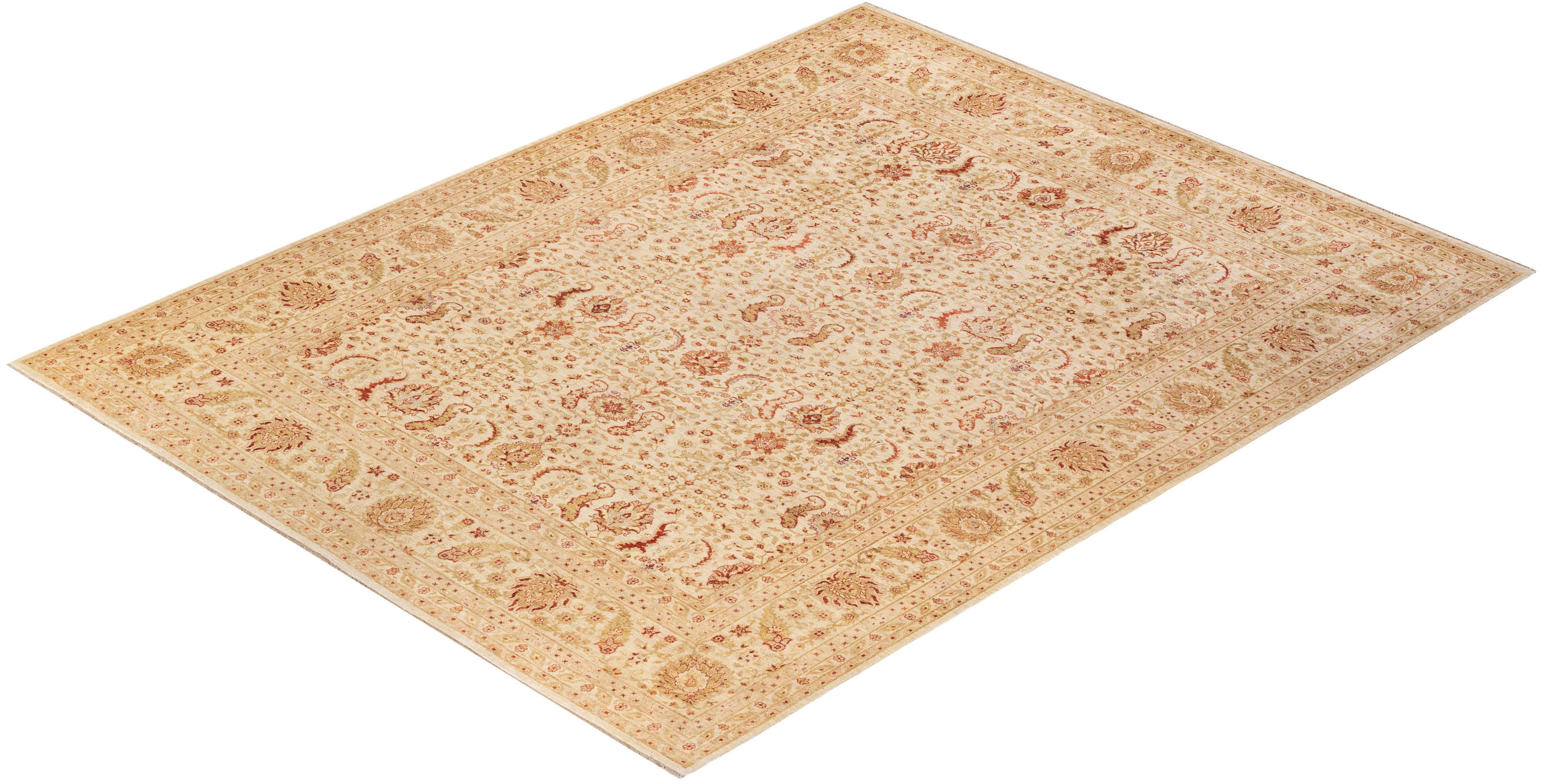 One-of-a-kind Hand Knotted Floral Eclectic Ivory Area Rug For Sale 2