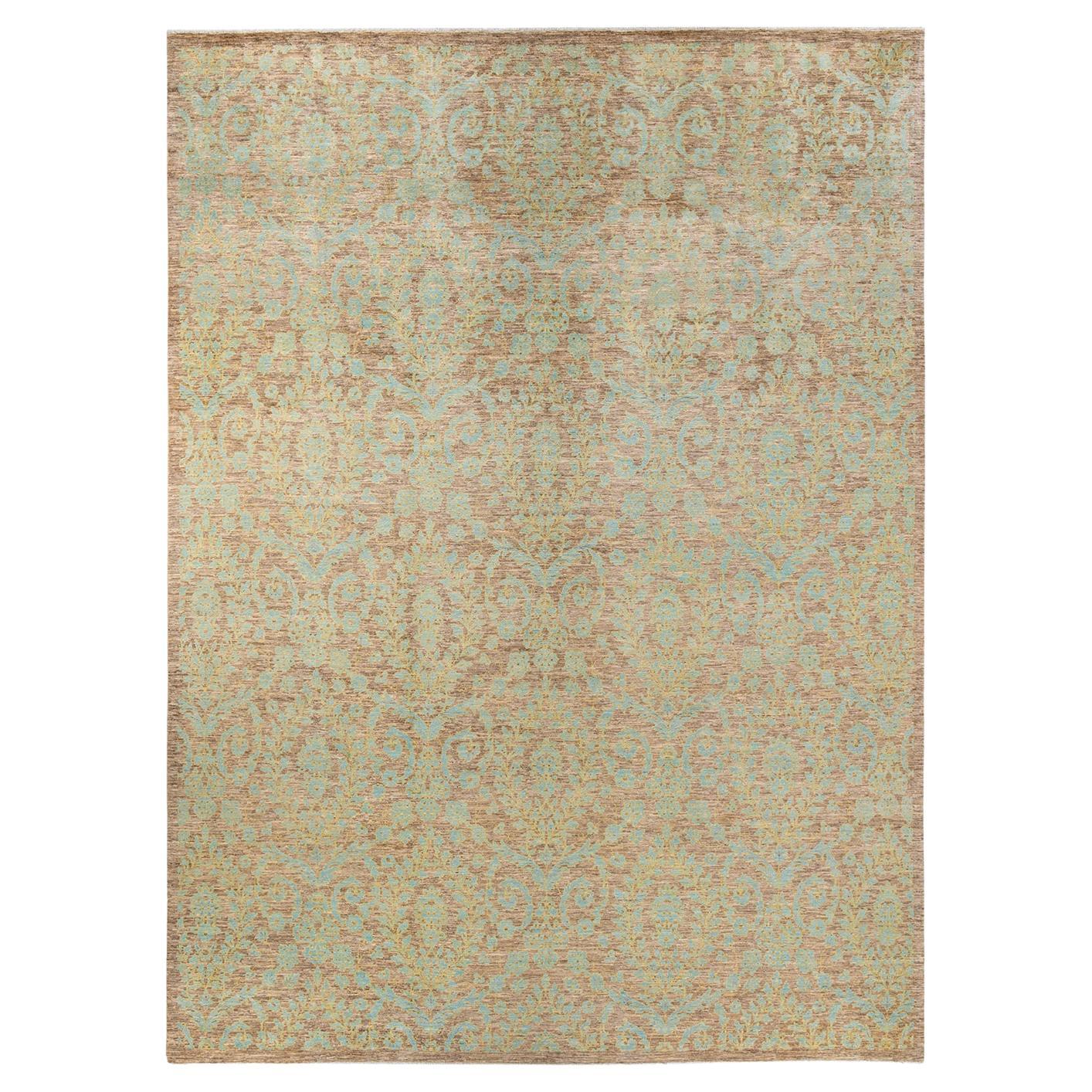One-Of-A-Kind Hand Knotted Floral Eclectic Ivory Area Rug 9' 10" x 14' 1" For Sale