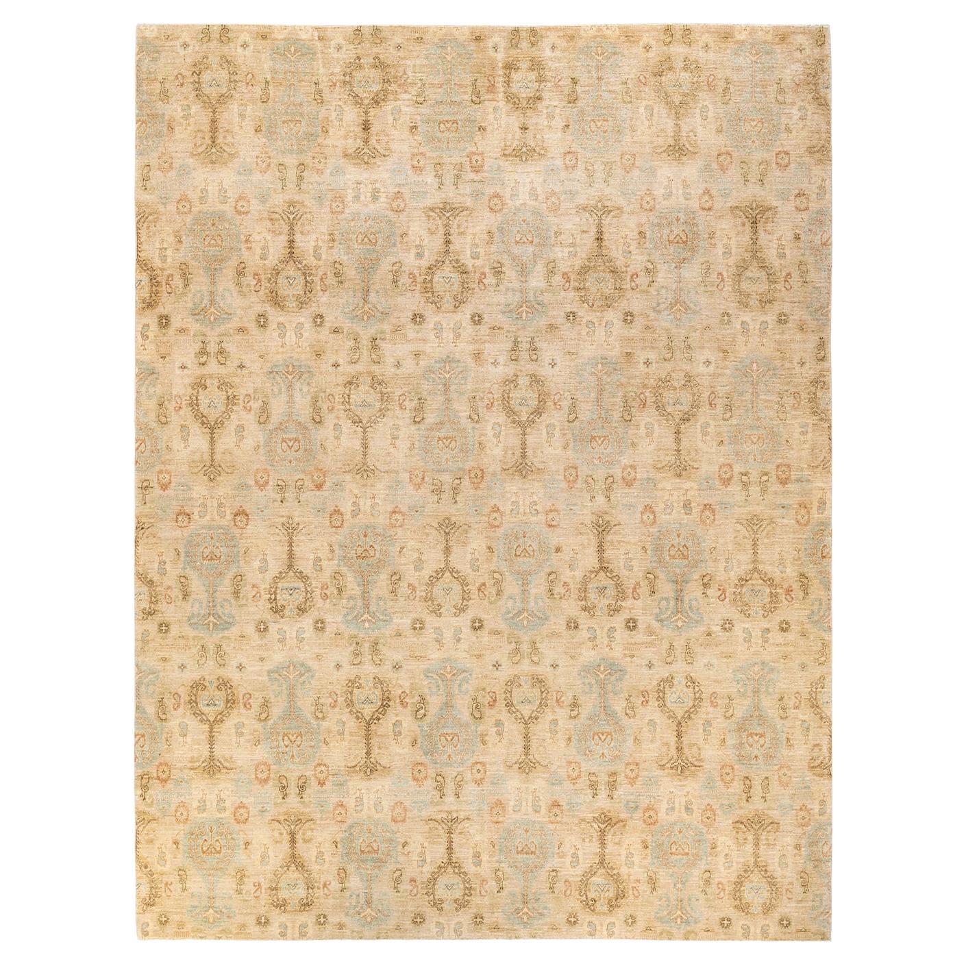 One-Of-A-Kind Hand Knotted Floral Eclectic Ivory Area Rug 9' 2" x 11' 10" For Sale