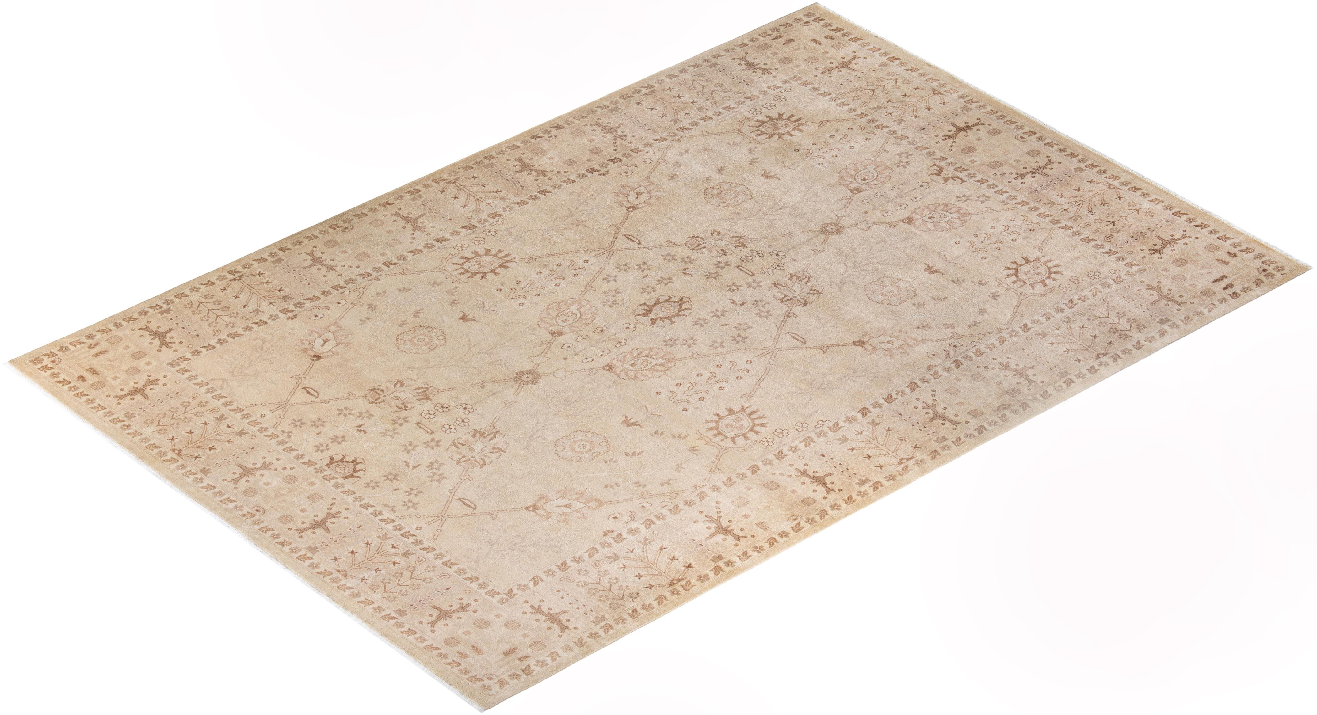 One-of-a-Kind Hand Knotted Floral Eclectic Ivory Area Rug For Sale 1