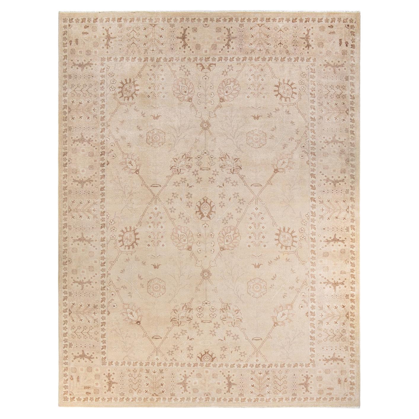 One-of-a-Kind Hand Knotted Floral Eclectic Ivory Area Rug For Sale