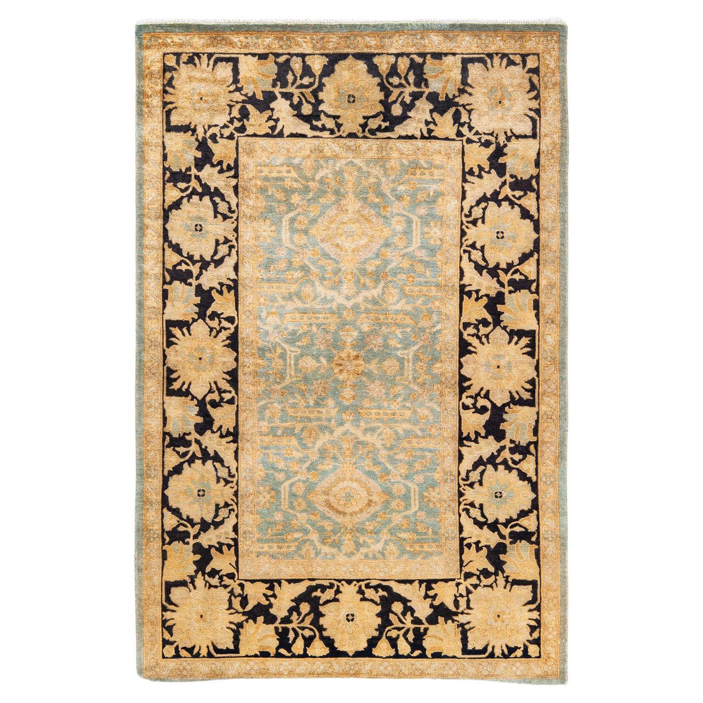 One-Of-A-Kind Hand Knotted Floral Eclectic Light Blue Area Rug 4' 1" x 6' 3" For Sale
