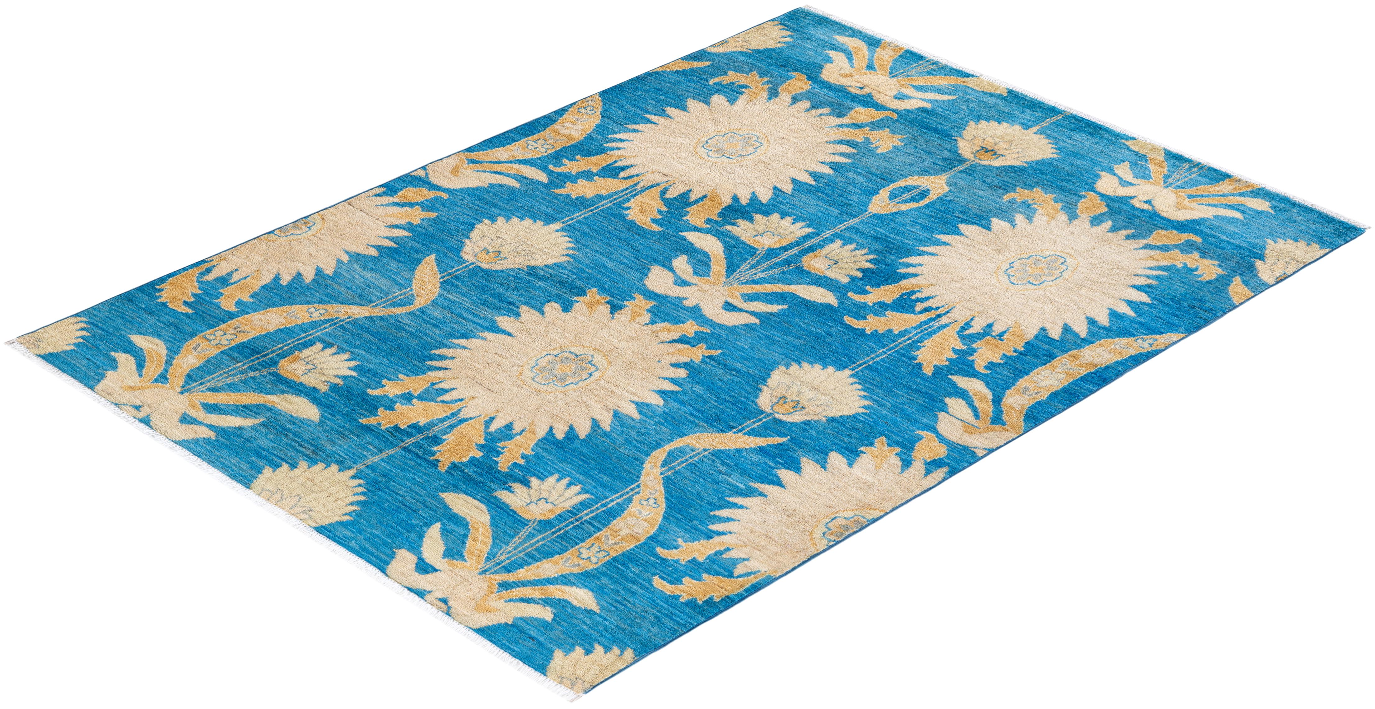 One-of-a-kind Hand Knotted Floral Eclectic Light Blue Area Rug For Sale 2