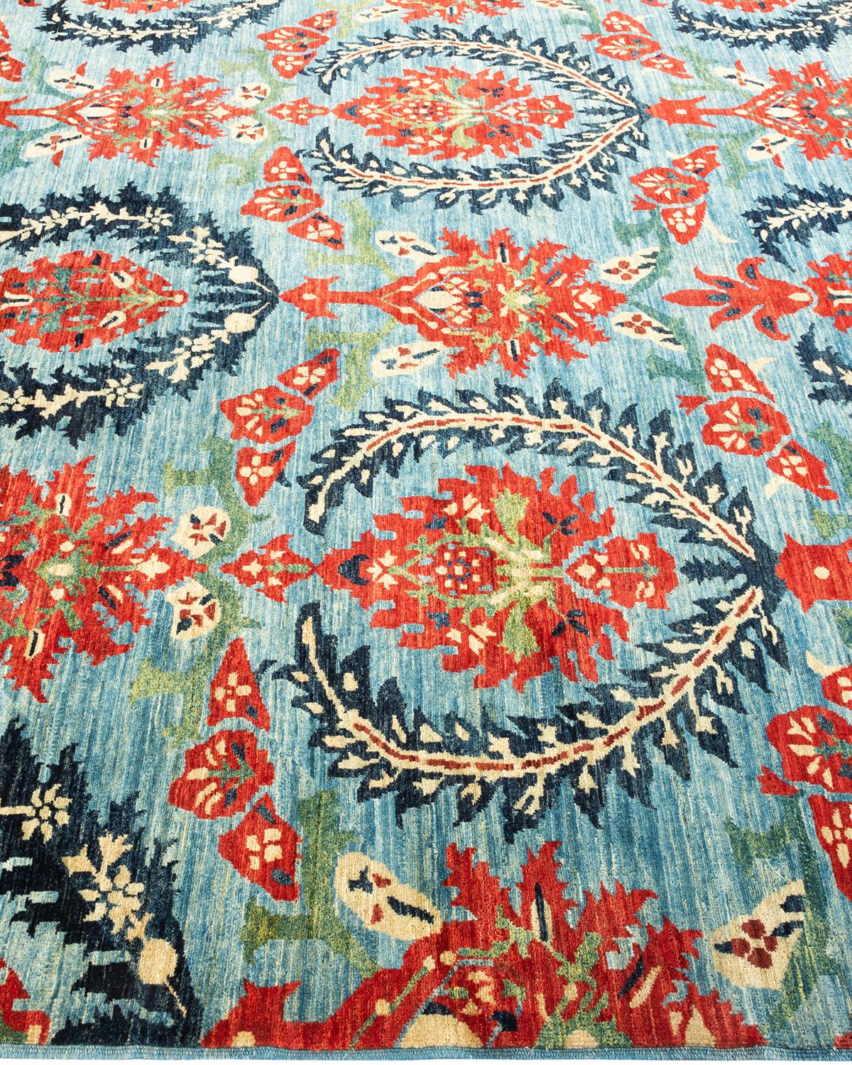 One-of-a-kind Hand Knotted Floral Eclectic Light Blue Area Rug In New Condition For Sale In Norwalk, CT