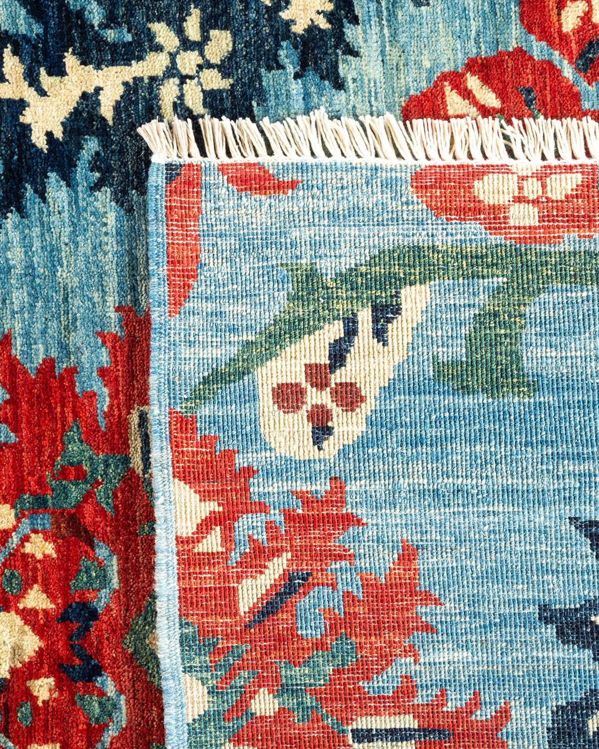 Contemporary One-of-a-kind Hand Knotted Floral Eclectic Light Blue Area Rug For Sale