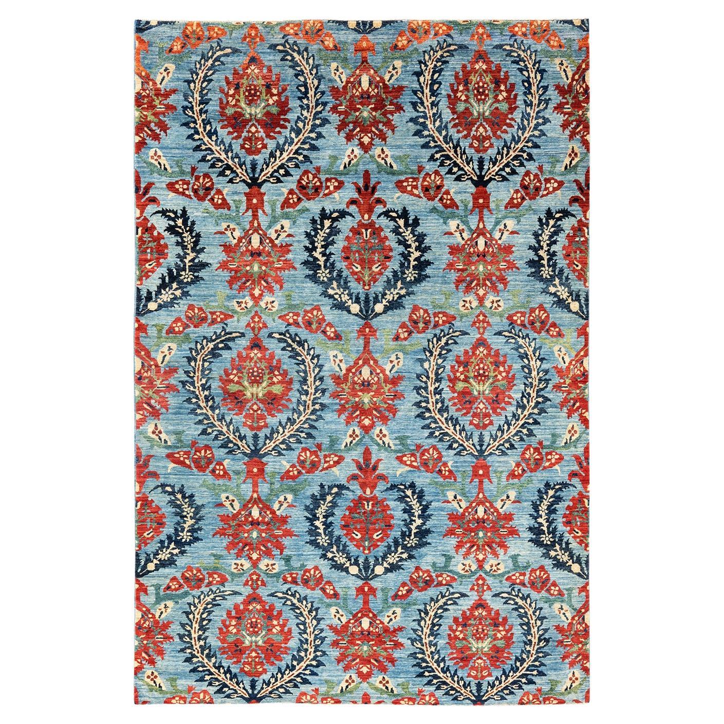 One-of-a-kind Hand Knotted Floral Eclectic Light Blue Area Rug For Sale