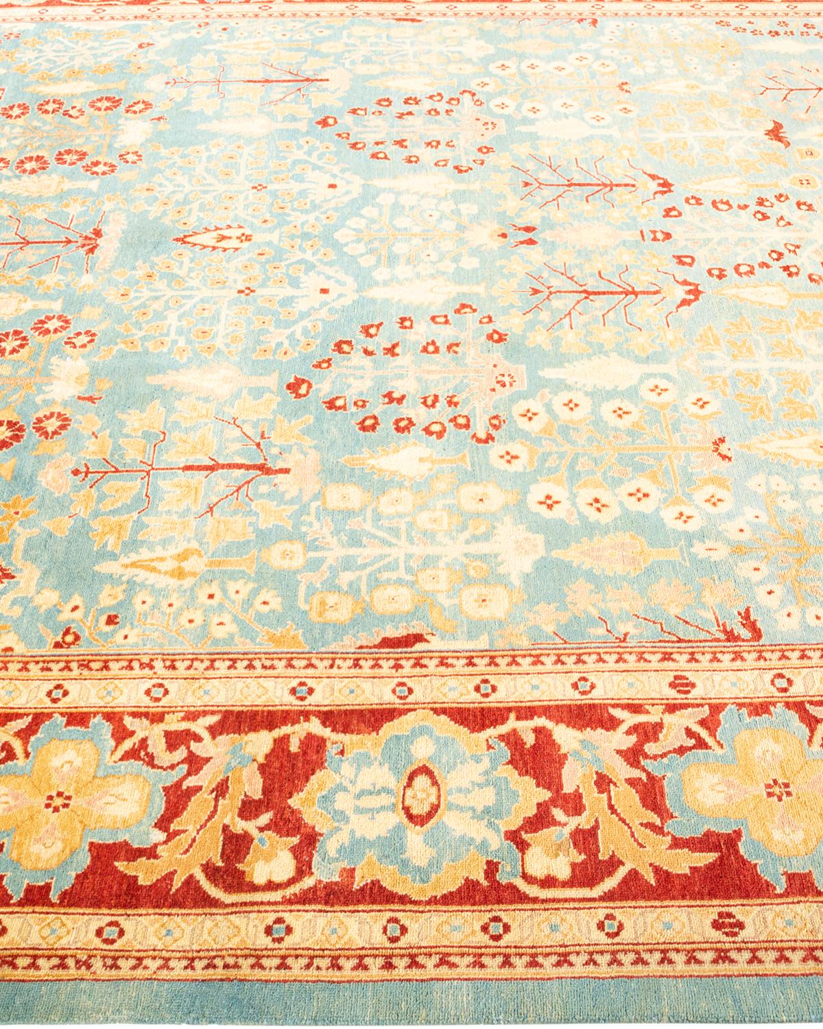 One-of-a-Kind Hand Knotted Floral Eclectic Light Blue Area Rug In New Condition For Sale In Norwalk, CT