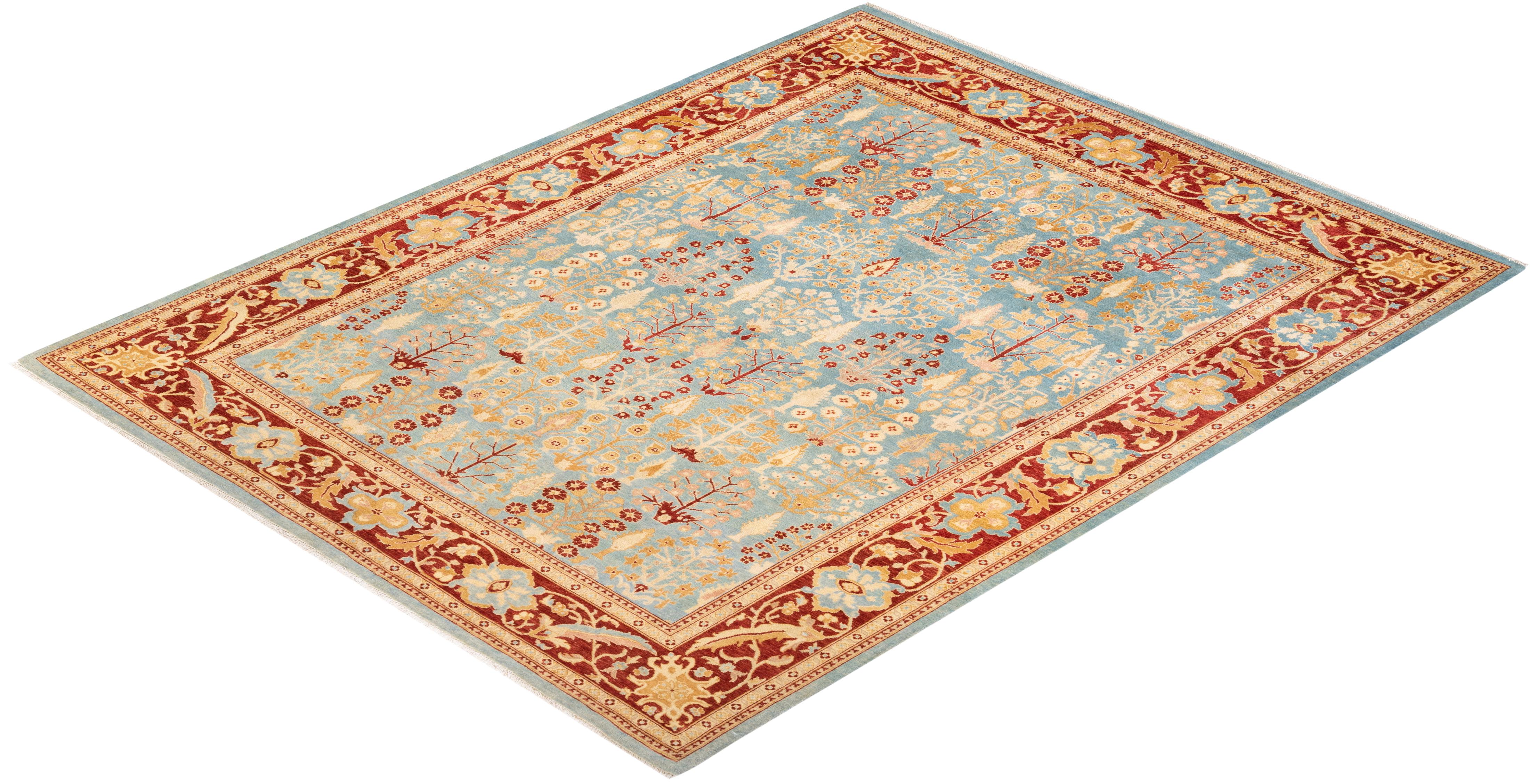 One-of-a-Kind Hand Knotted Floral Eclectic Light Blue Area Rug For Sale 2