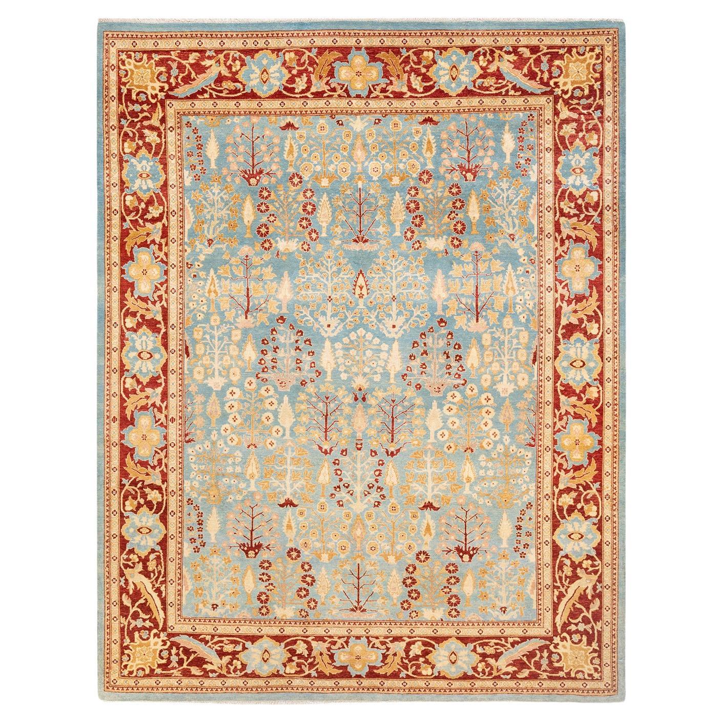 One-of-a-Kind Hand Knotted Floral Eclectic Light Blue Area Rug