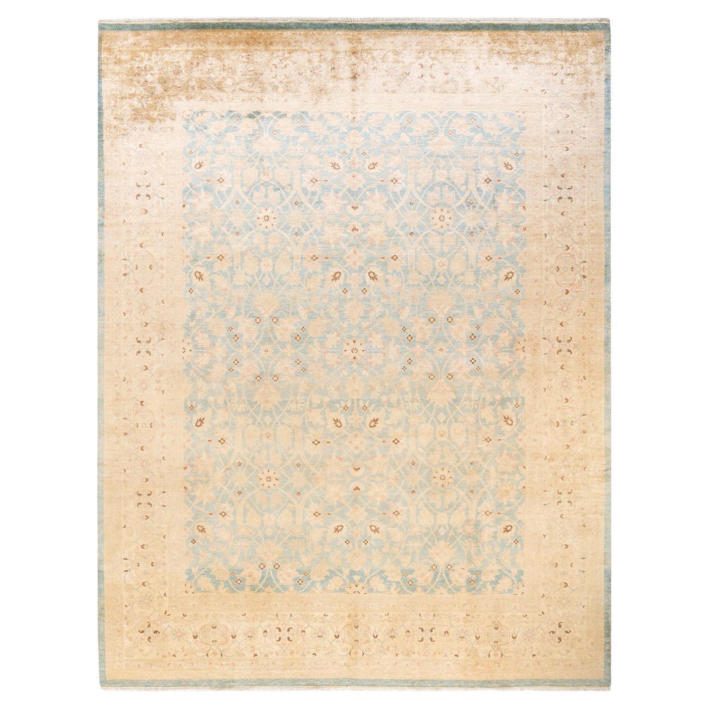 One-Of-A-Kind Hand Knotted Floral Eclectic Light Blue Area Rug For Sale