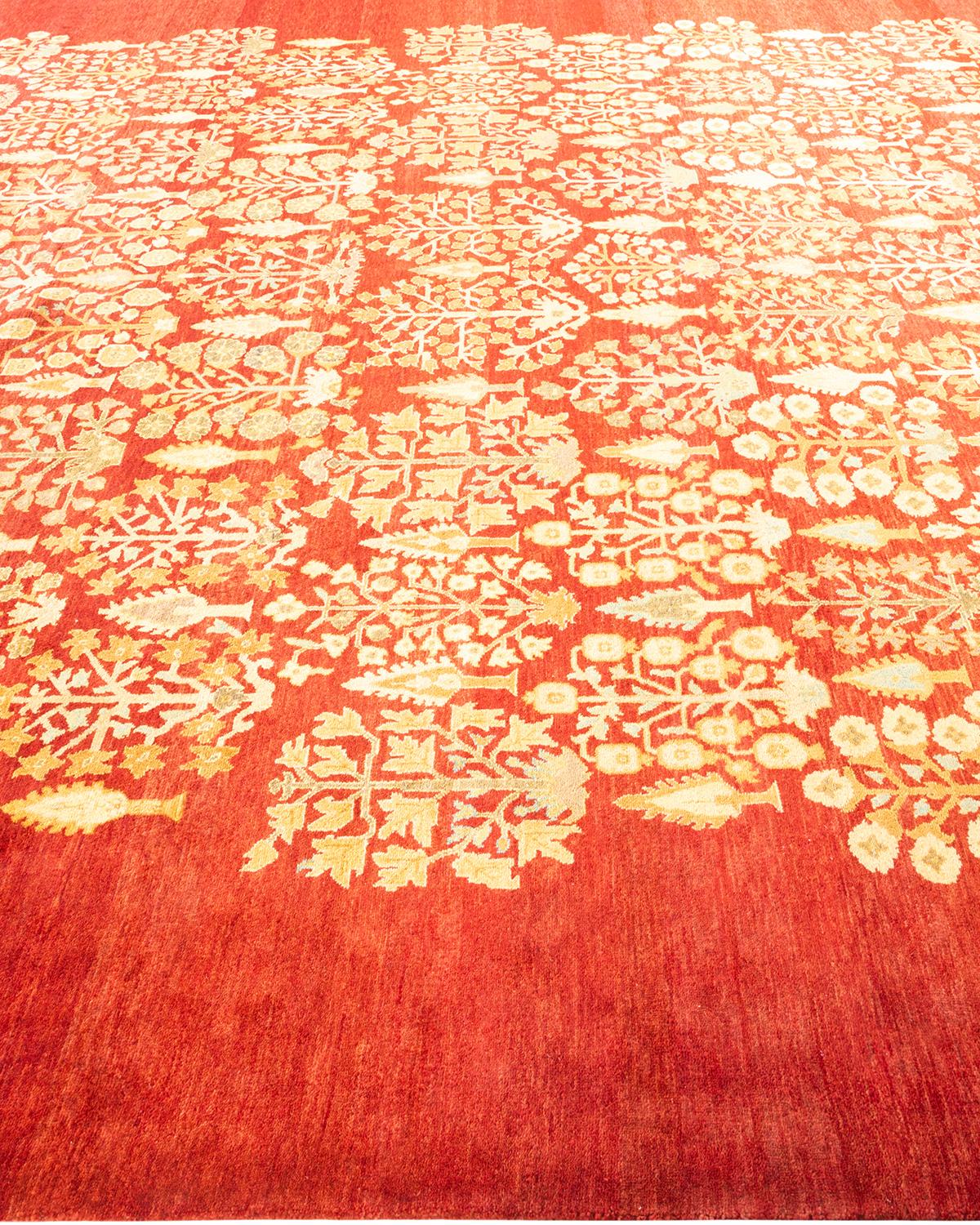 One-of-a-kind Hand Knotted Floral Eclectic Orange Area Rug In New Condition For Sale In Norwalk, CT