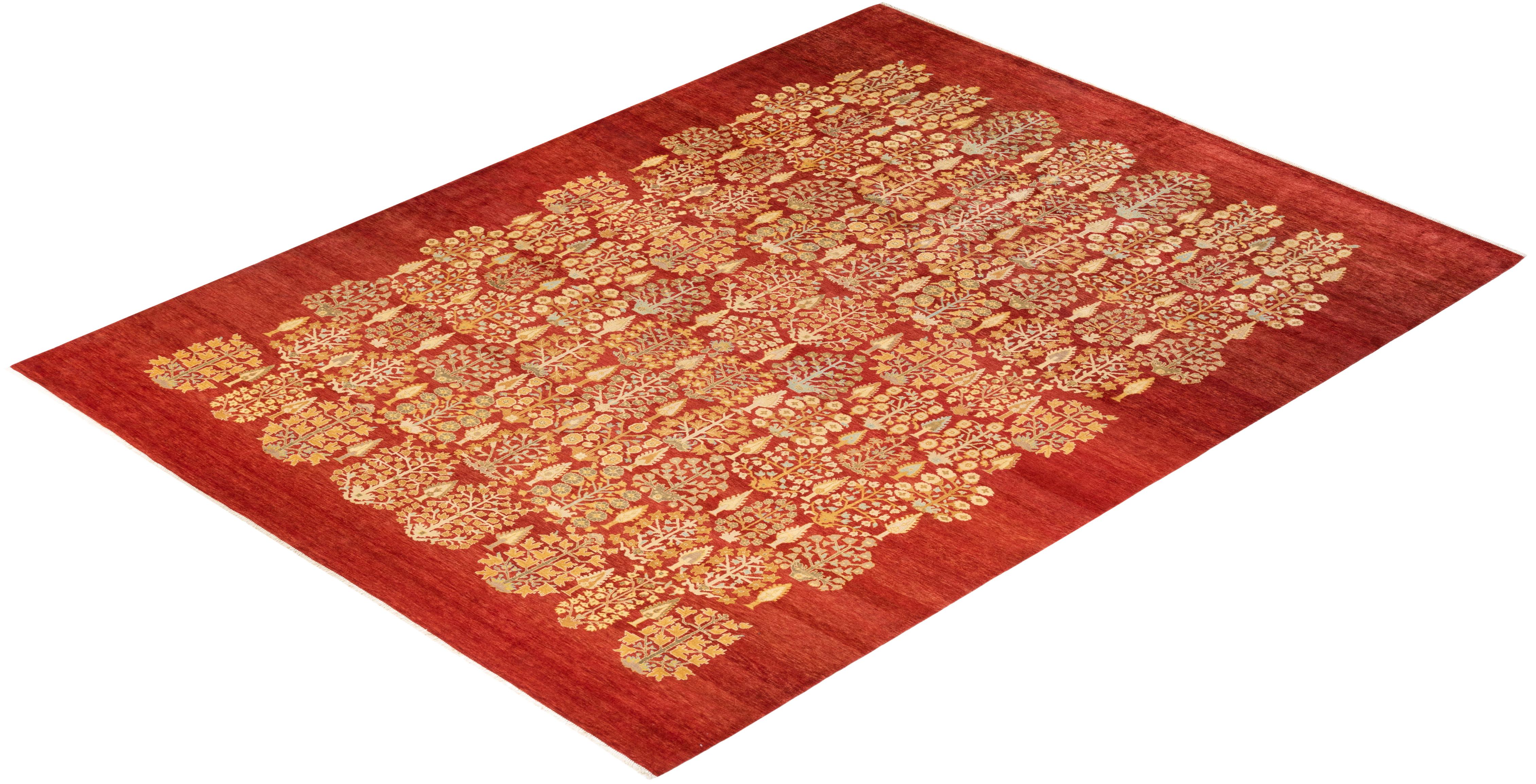 One-of-a-kind Hand Knotted Floral Eclectic Orange Area Rug For Sale 2