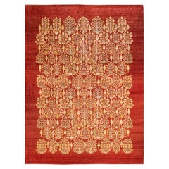 Handgeknüpfter, eklektischer orangefarbener Teppich mit Blumenmuster, Unikat