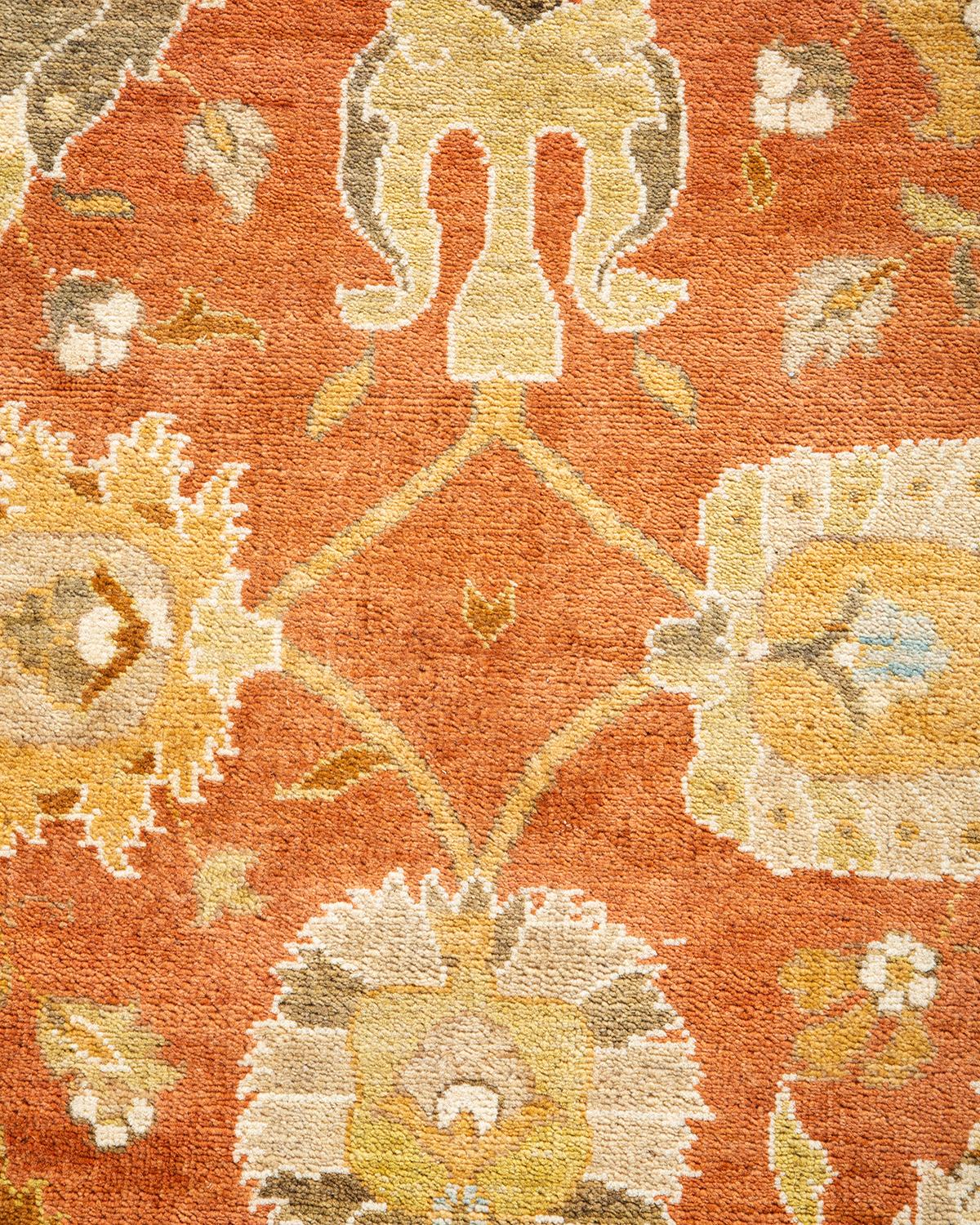 Pakistani One-of-a-kind Hand Knotted Floral Eclectic Orange Area Rug For Sale