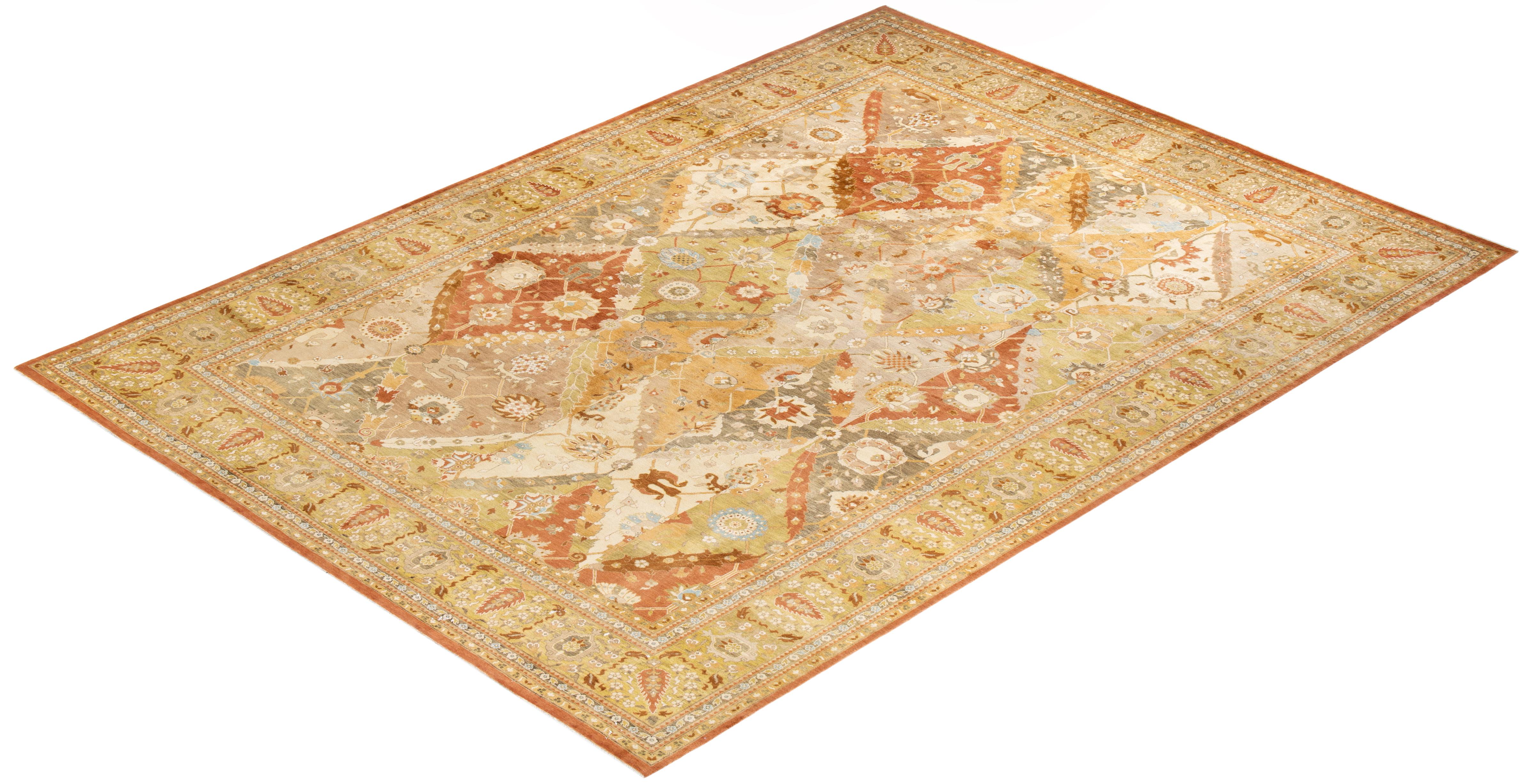 One-of-a-kind Hand Knotted Floral Eclectic Orange Area Rug For Sale 2