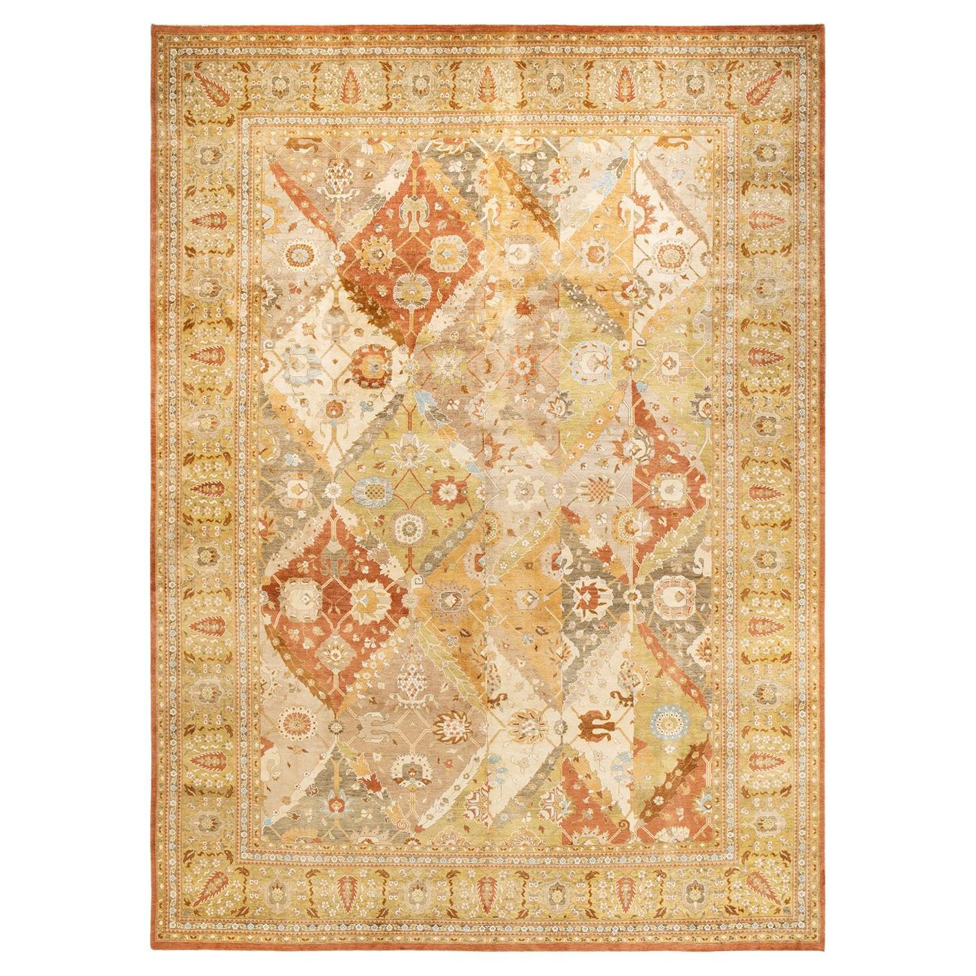 One-of-a-kind Hand Knotted Floral Eclectic Orange Area Rug For Sale