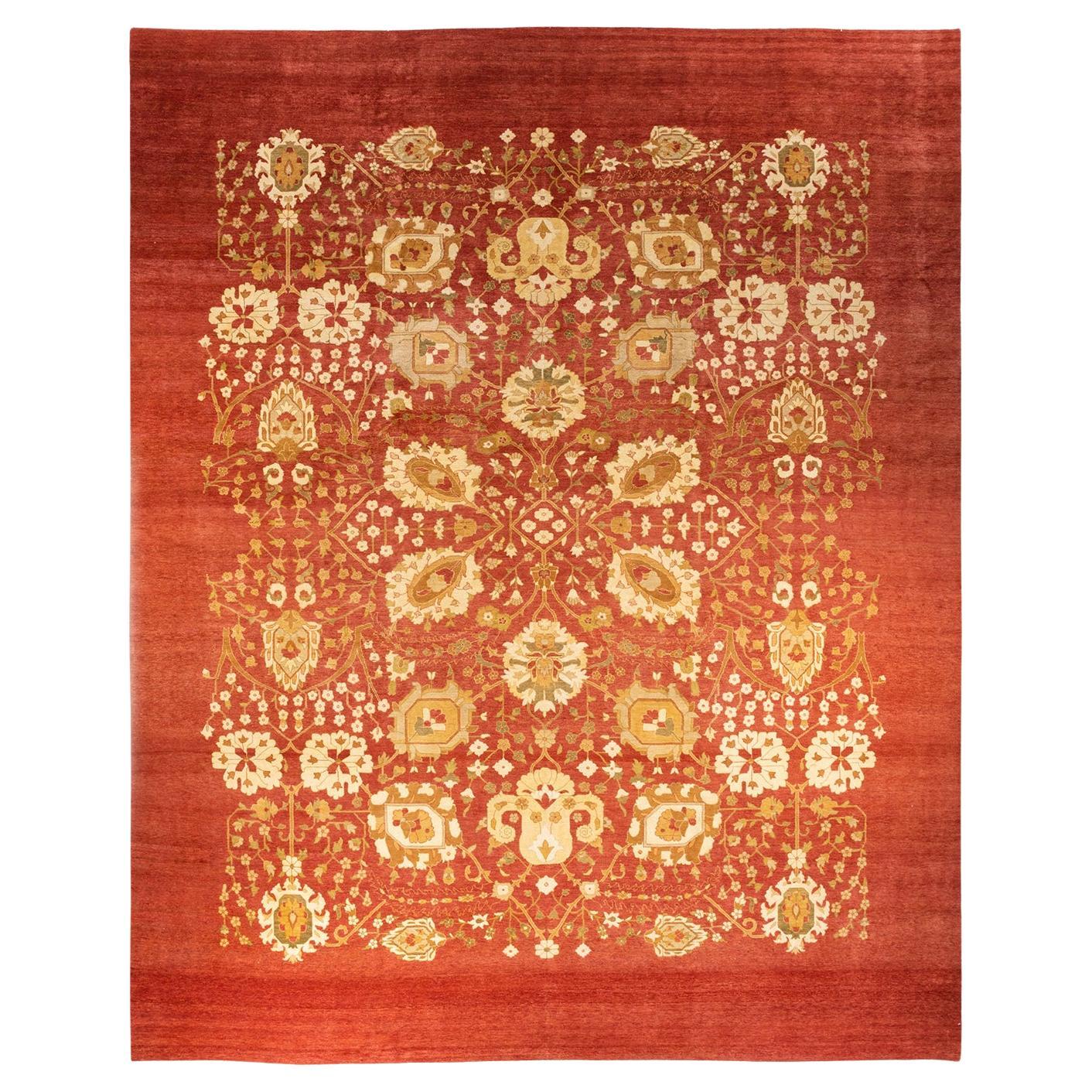 One-Of-A-Kind Hand Knotted Floral Eclectic Orange Area Rug 11' 10" x 14' 10" For Sale