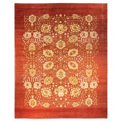 Tappeto per l'area arancione floreale eclettico, unico nel suo genere, annodato a mano, 11' 10" x 14' 10".