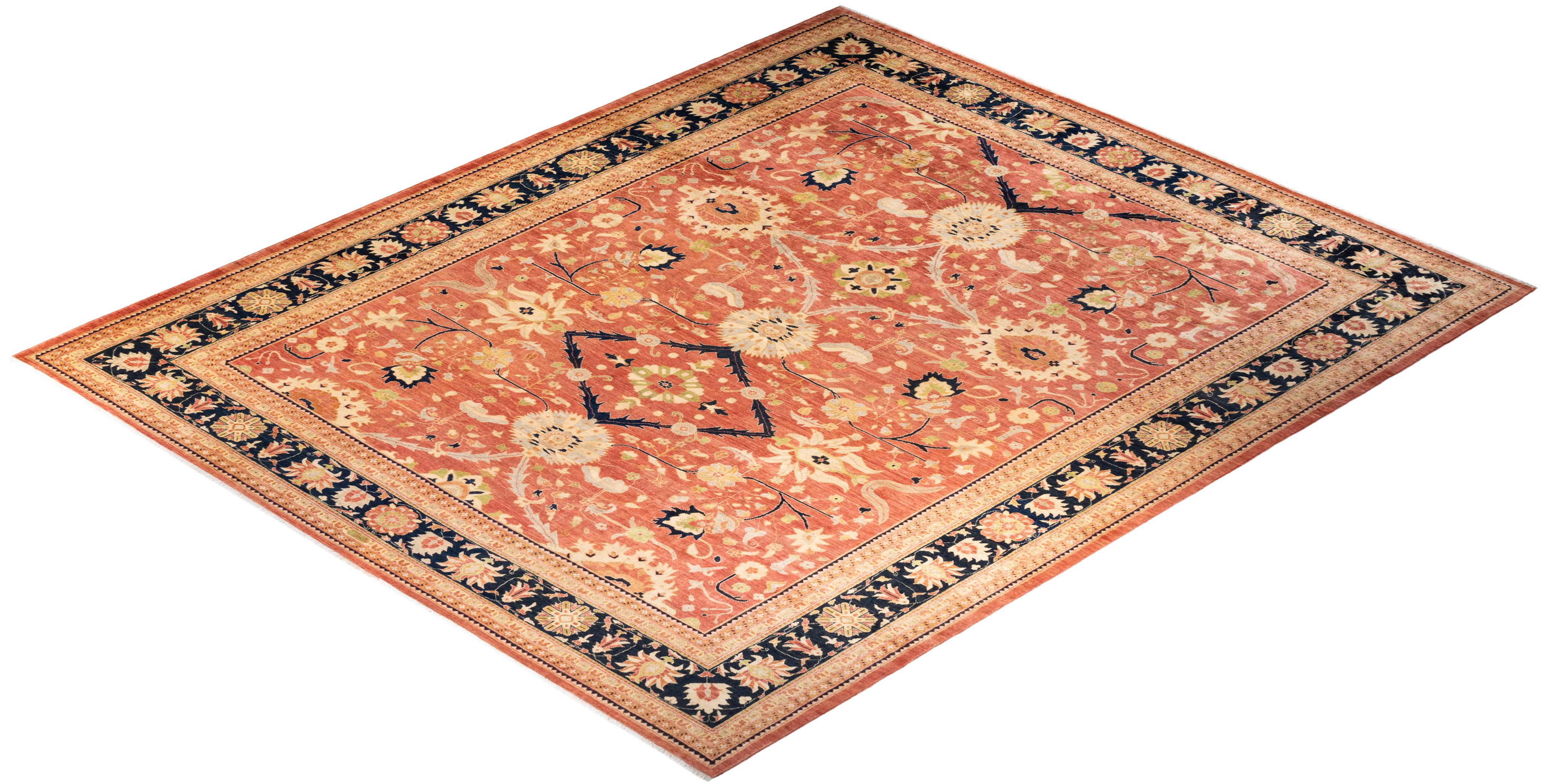 Handgeknüpfter, eklektischer orangefarbener Teppich mit Blumenmuster, Unikat im Angebot 2